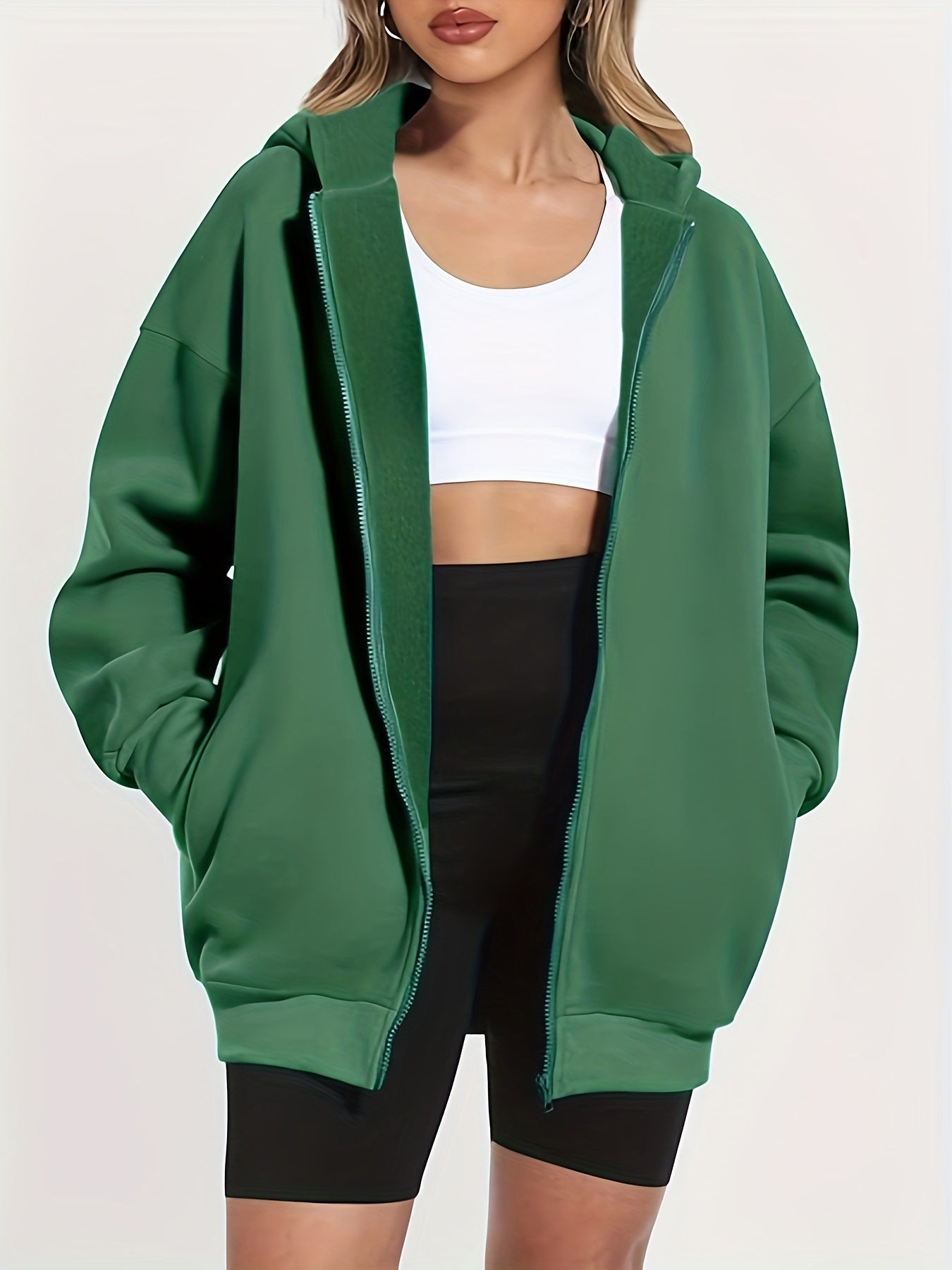 Women'S Plus Size Elegant Solid Color Hooded Sweatshirt - Cozy Zip-Up Pullover with Drawstring Hood