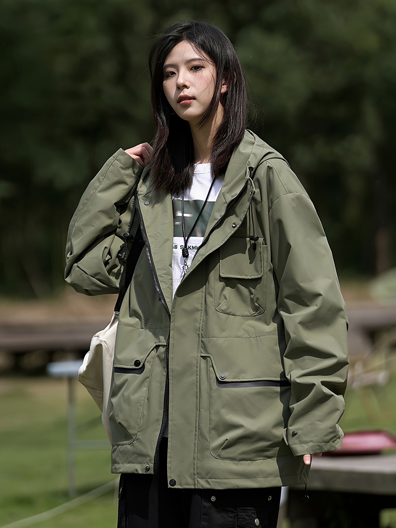 1pc Lightweight Windproof Jacket - Full-Zip Hooded Raincoat with Zippered Pockets