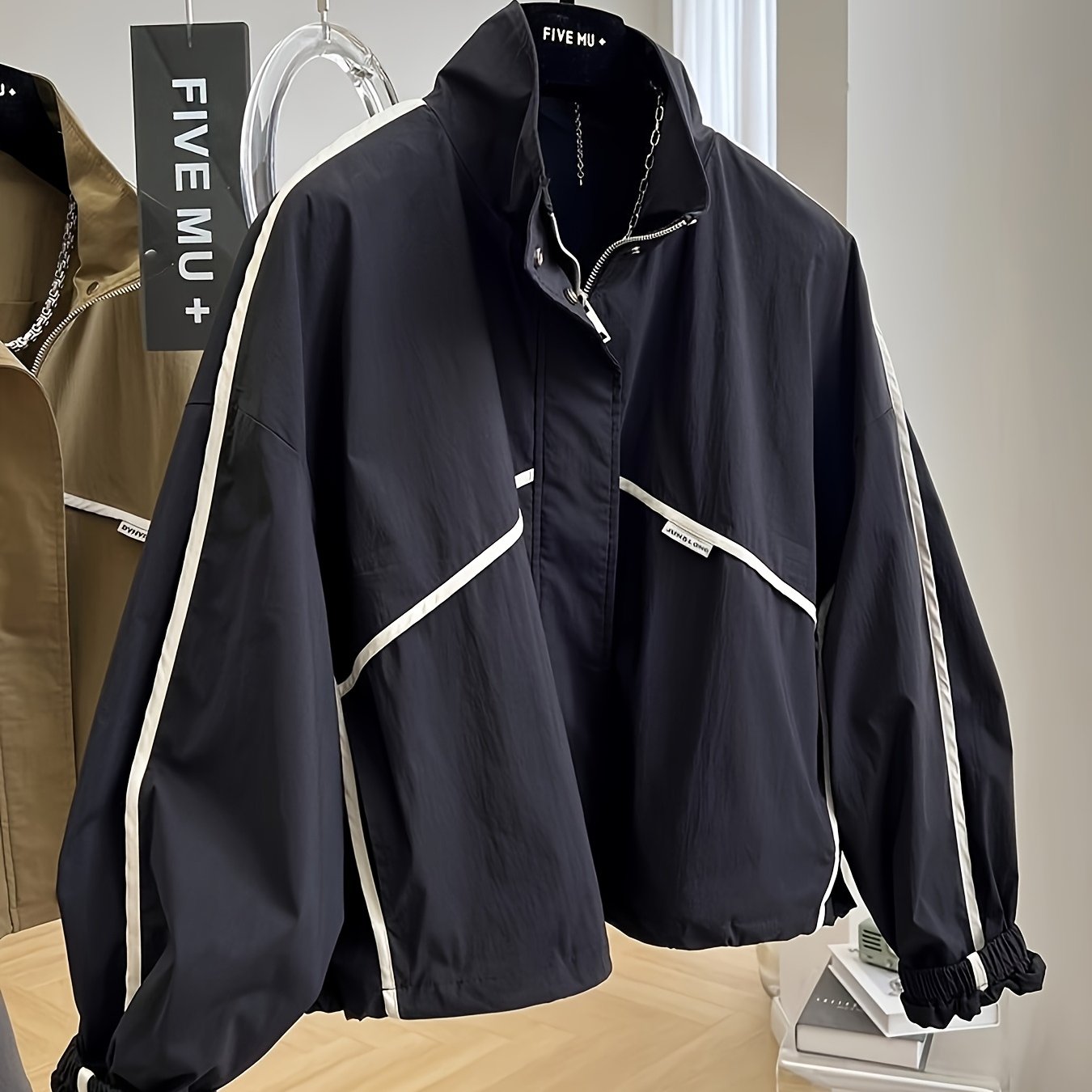Women'S Navy Blue Bomber Jacket with White Accents - Stand Collar, Casual Style, Thin Windbreaker for Spring & Fall