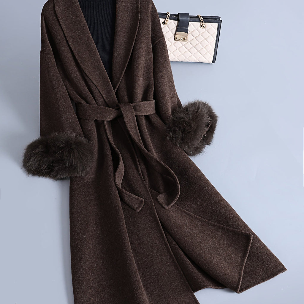 Luxurious Elegant Mocha Dark Brown Wool Blend Long Trench Coat with Large Lapel and Tie