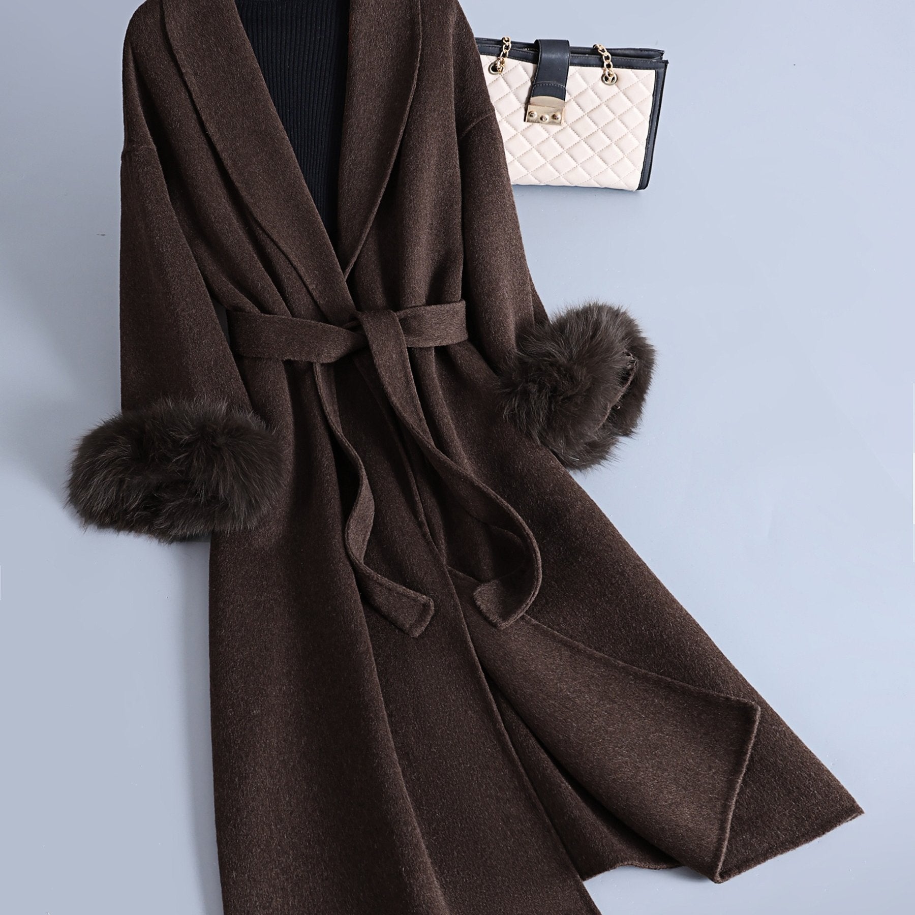 Luxurious Elegant Mocha Dark Brown Wool Blend Long Trench Coat with Large Lapel and Tie
