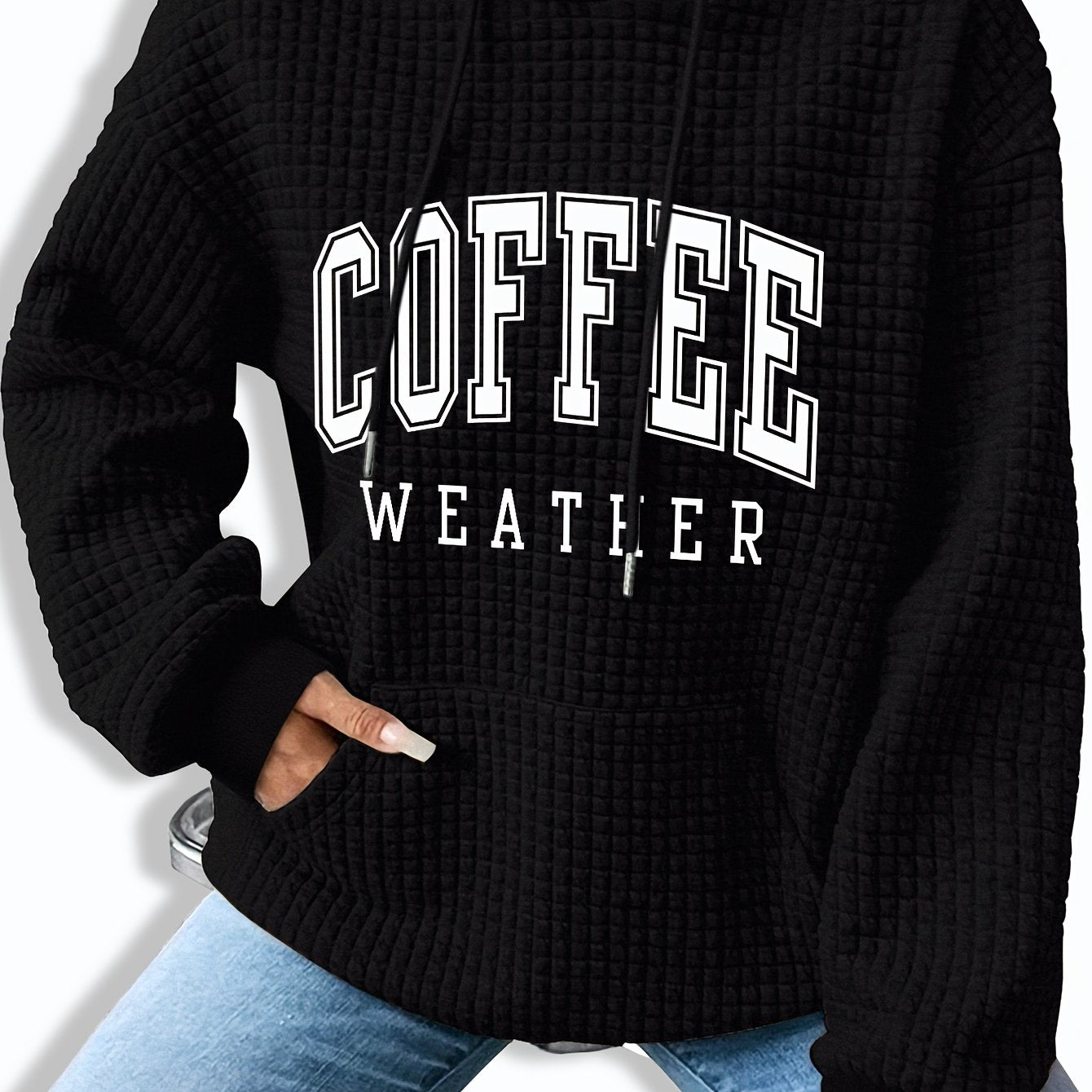 Women's Coffee Weather Letter Print Waffle Hoodie - 95% Polyester 5% Spandex, Kangaroo Pocket, Ribbed Cuffs