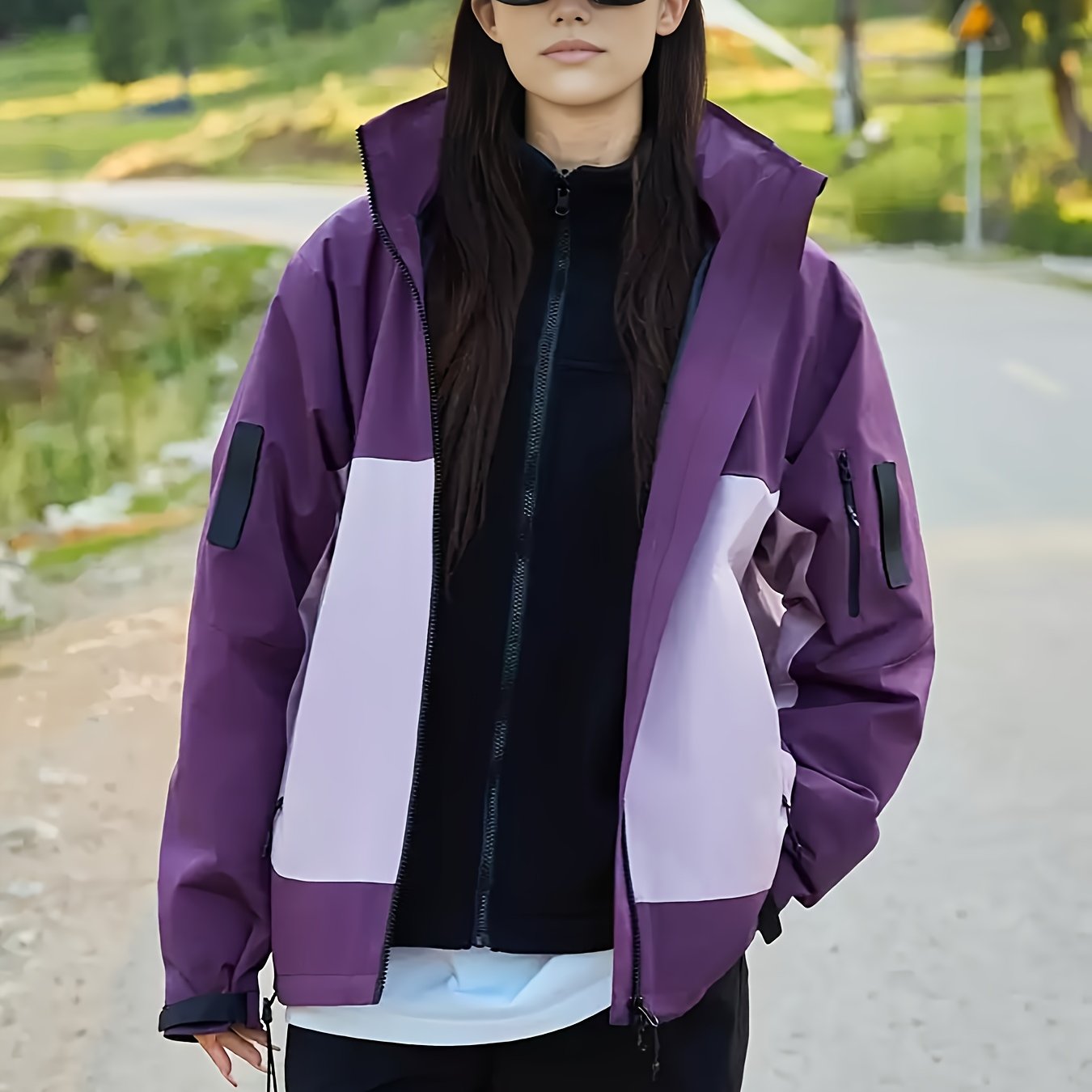Women's Windproof Jacket - Hooded Zipper Closure Winter Coat, Purple & Black colorblock