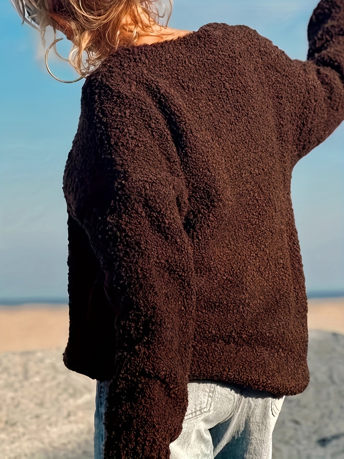 Plus Size - Women'S Plus Size Elegant V-Neck Cardigan - Cozy Fleece-Lined Oversized Sweater with Button Front