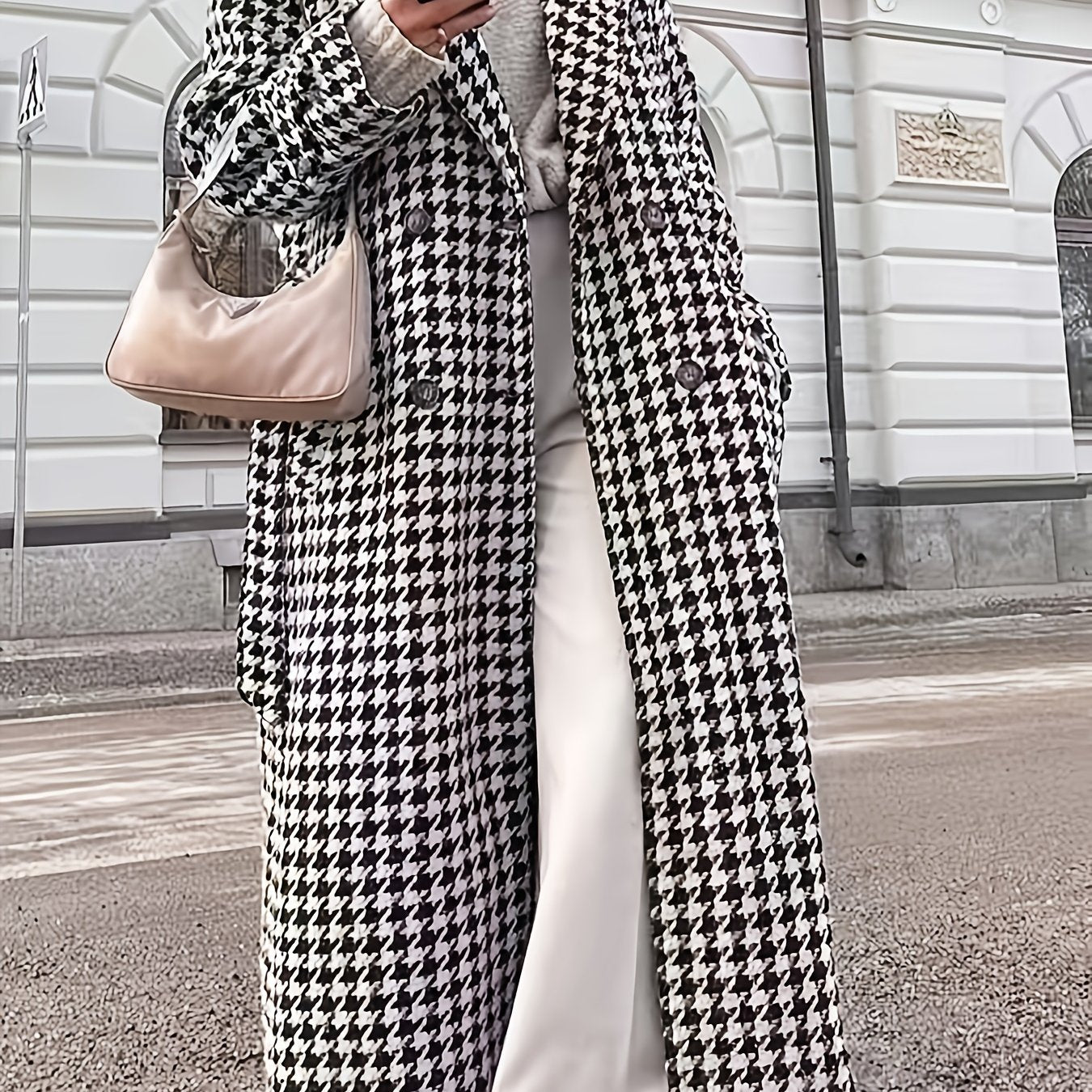 Women'S Elegant Houndstooth Trench Coat - Long Formal & Everyday Outerwear, Double Button Closure