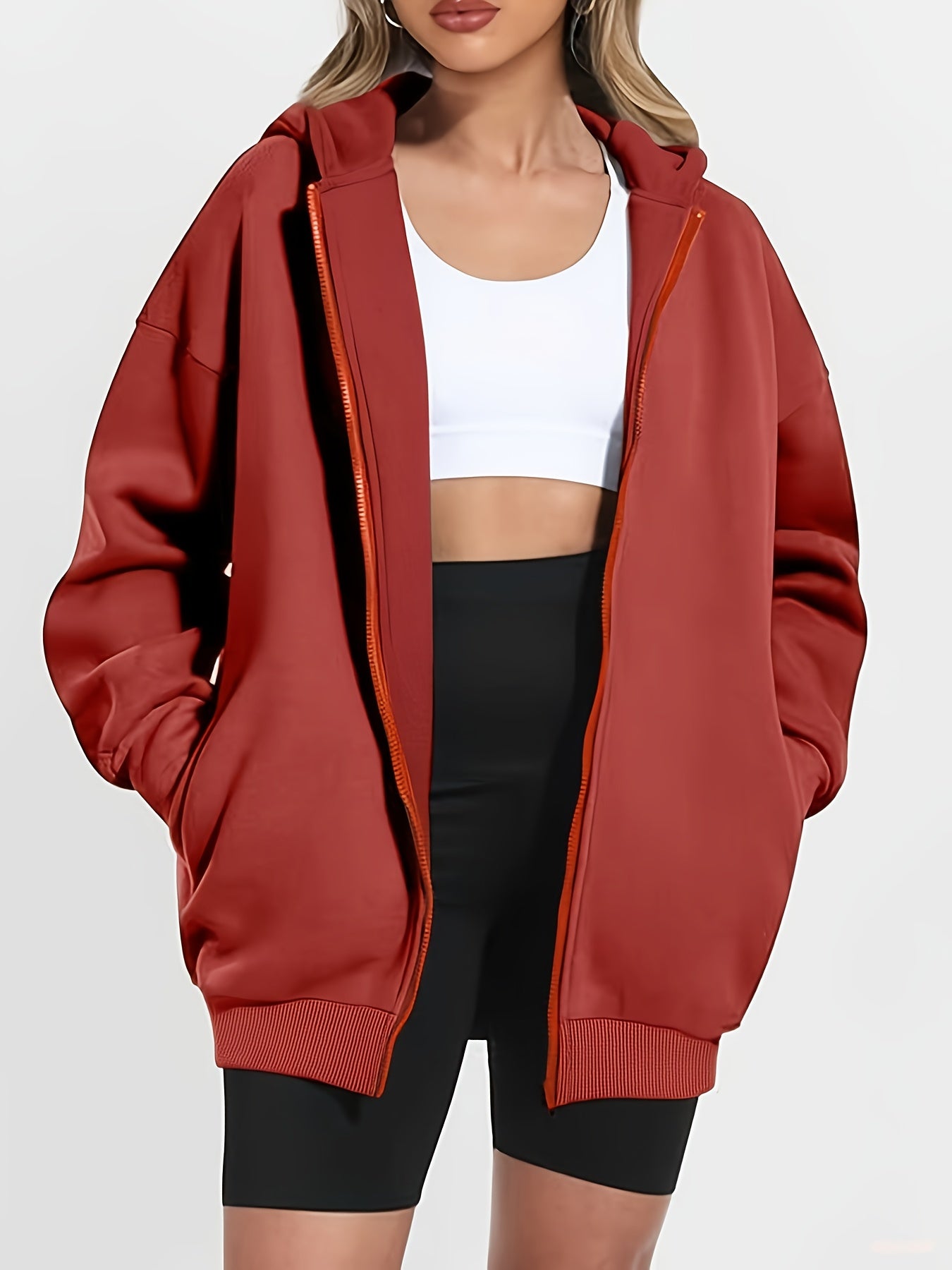 Women'S Plus Size Elegant Solid Color Hooded Sweatshirt - Cozy Zip-Up Pullover with Drawstring Hood