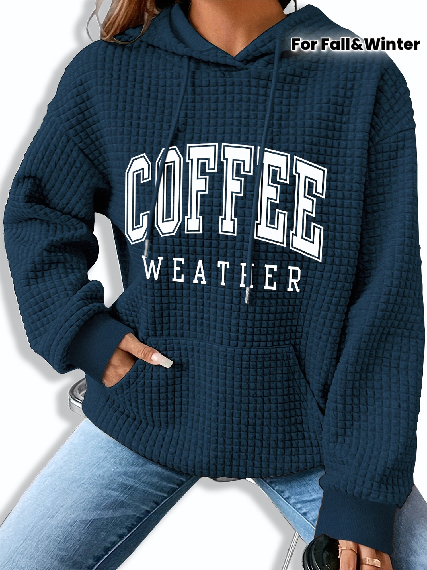 Women's Coffee Weather Letter Print Waffle Hoodie - 95% Polyester 5% Spandex, Kangaroo Pocket, Ribbed Cuffs
