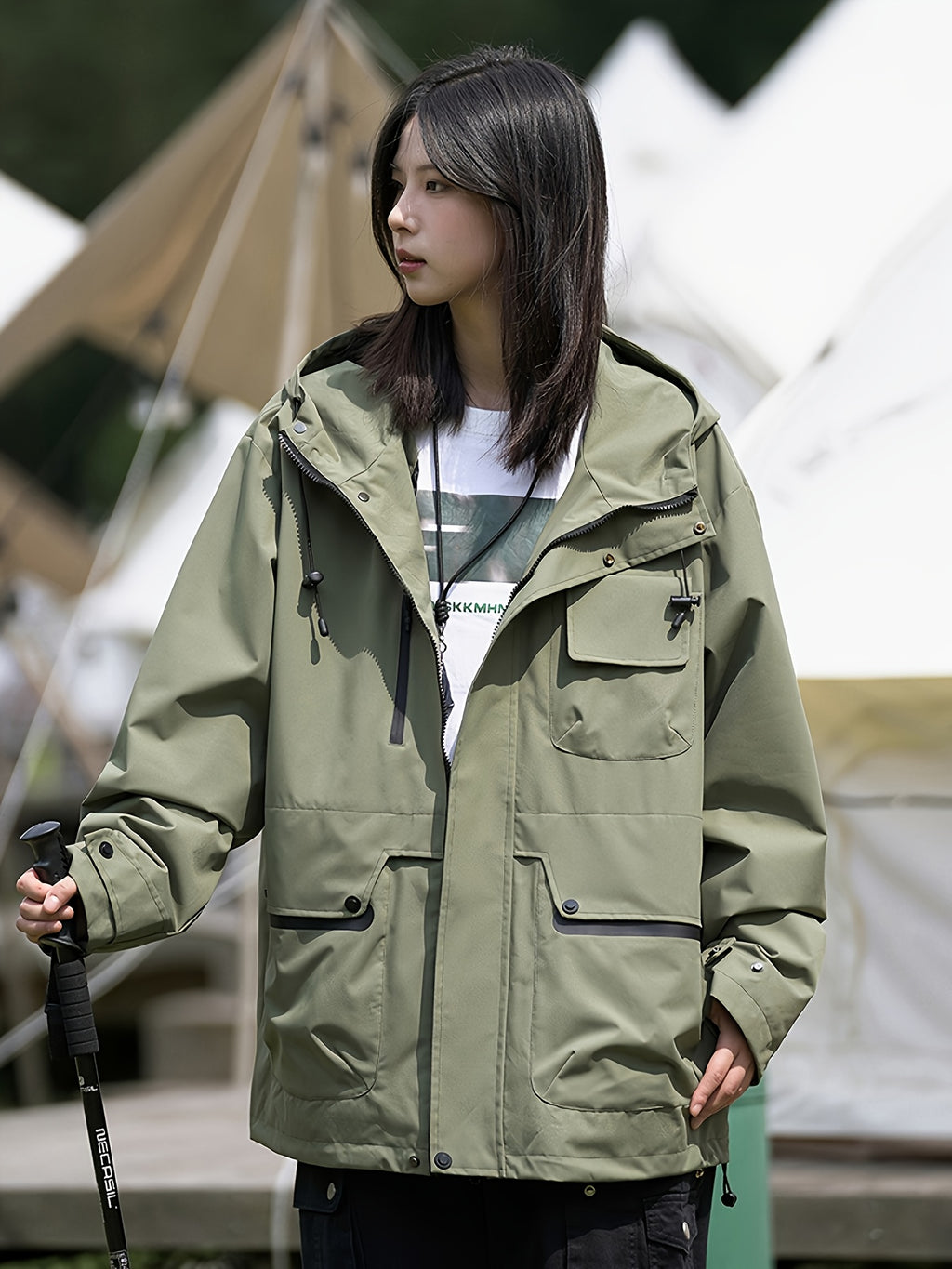 1pc Lightweight Windproof Jacket - Full-Zip Hooded Raincoat with Zippered Pockets