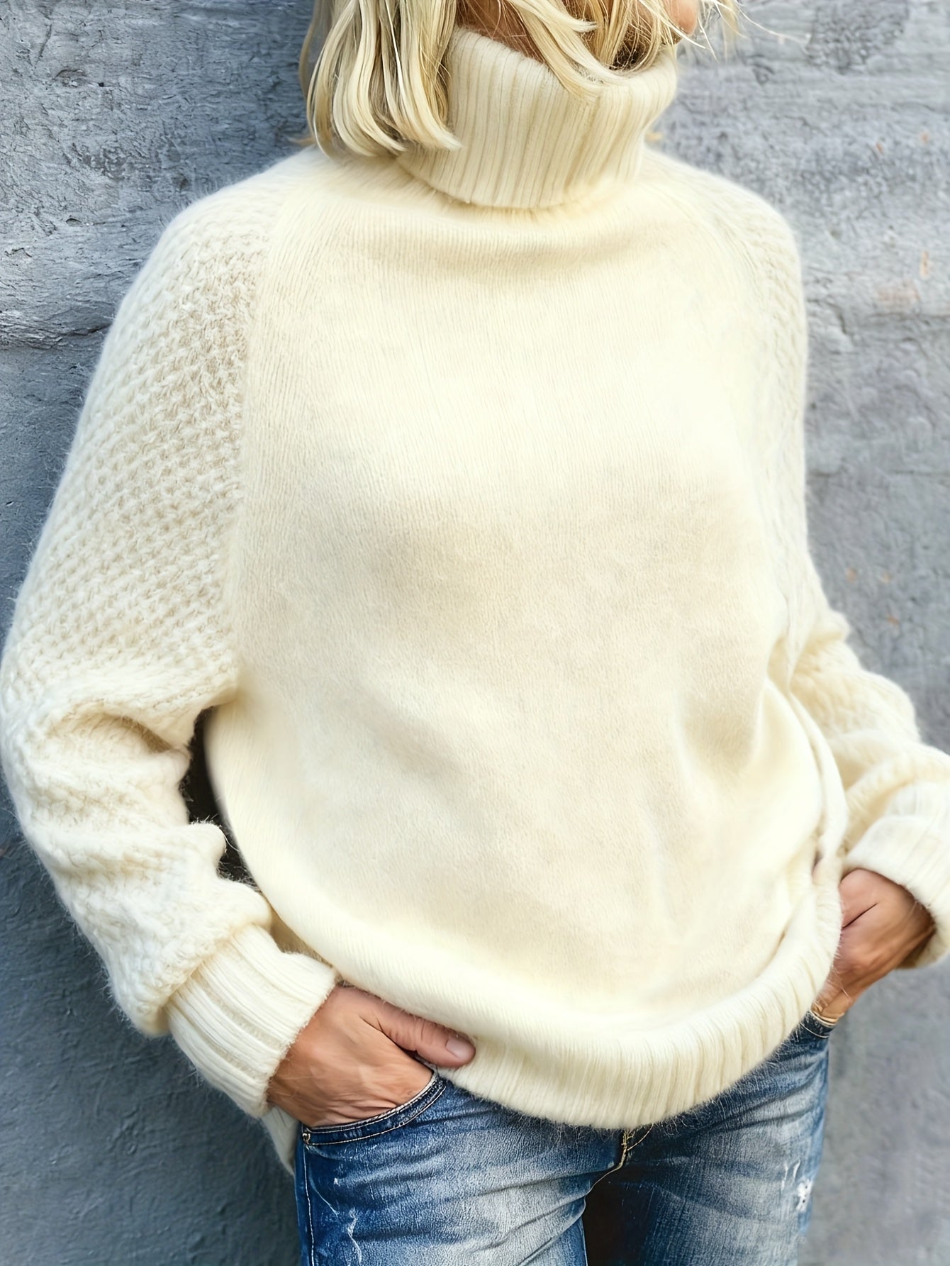 Plus Size - Women'S Fashion Casual Long-Sleeve Patchwork High-Neck Sweater