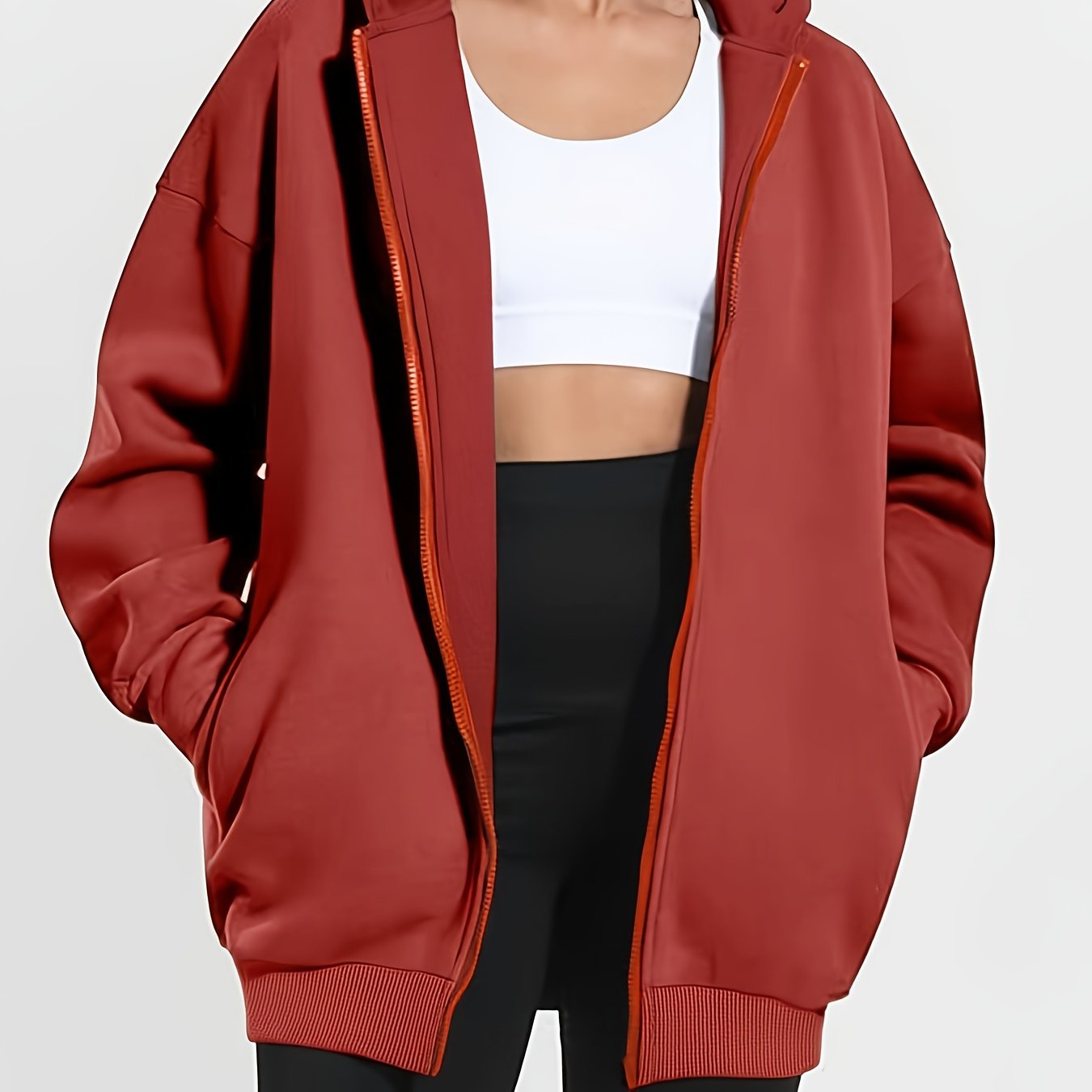 Women'S Plus Size Elegant Solid Color Hooded Sweatshirt - Cozy Zip-Up Pullover with Drawstring Hood