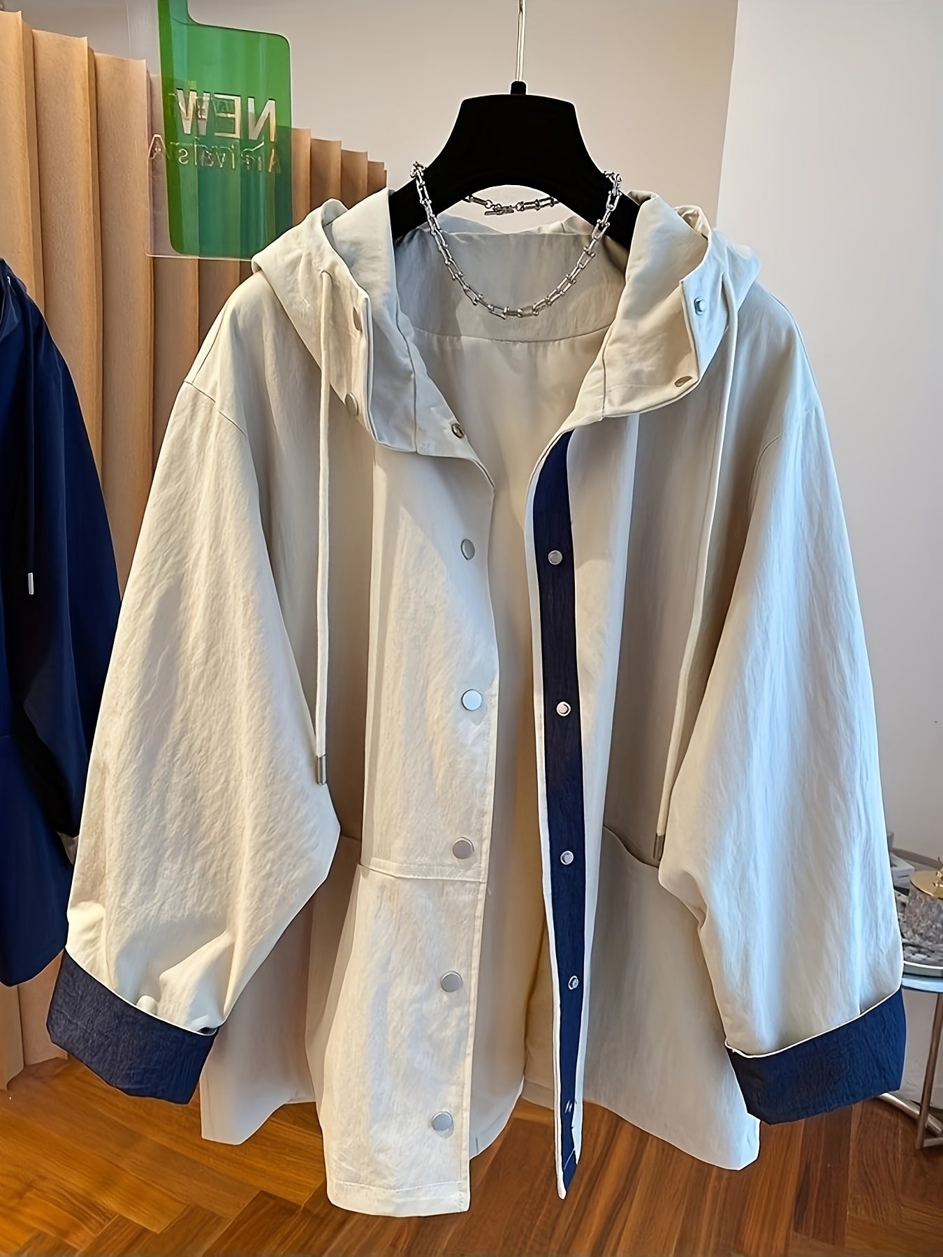 Women'S Hooded Windbreaker Jacket - Two-Tone Beige & Navy, Mid-Length Raincoat with Front Button Closure