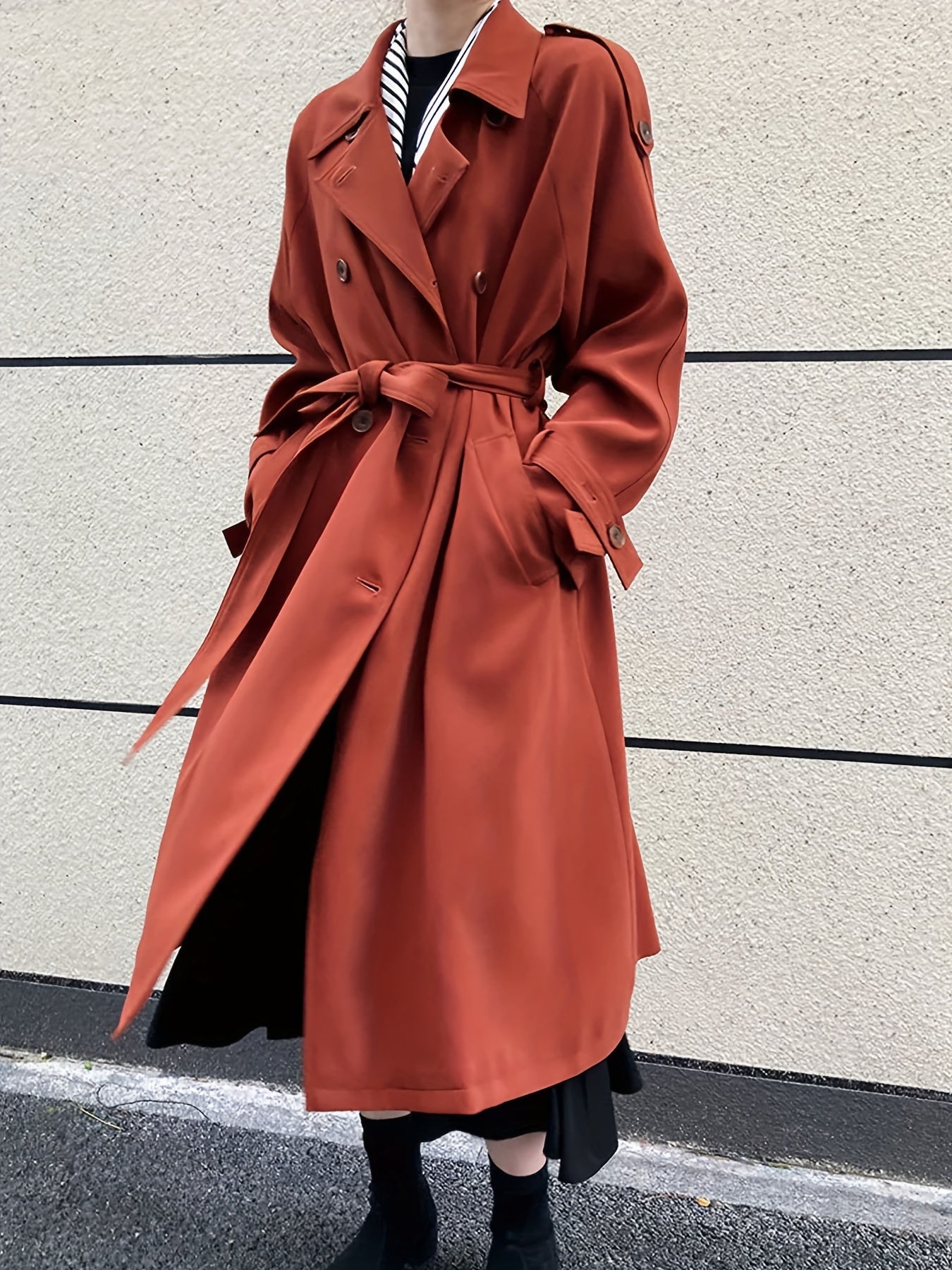 Elegant Orange Red Double-Breasted Trench Coat for Women - Loose Fit, Long Style, Polyester