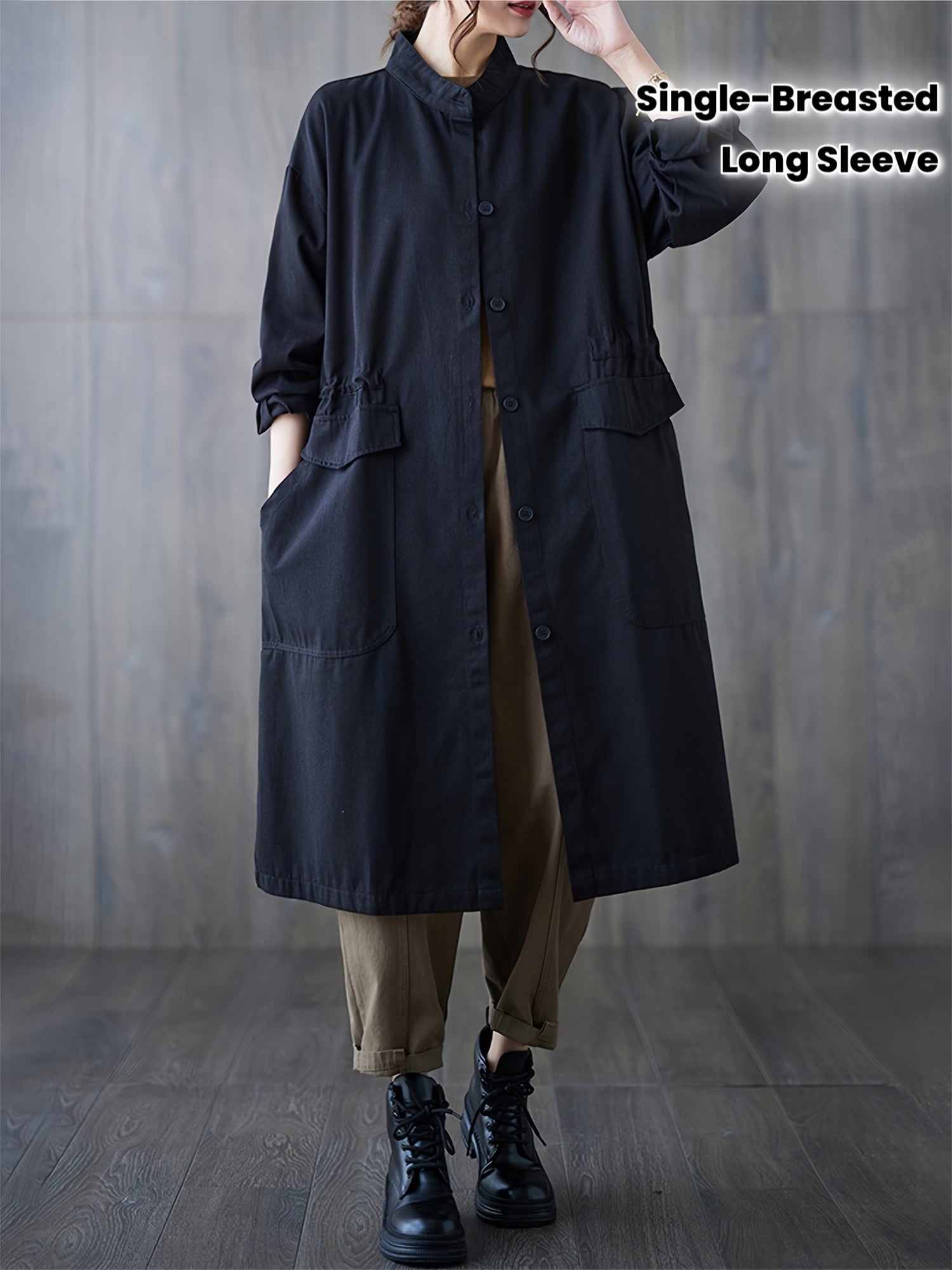 Autumn and Winter New Stand Collar Single-Breasted Cardigan Coat for Women, Mid-Length Long Sleeve Trench Coat