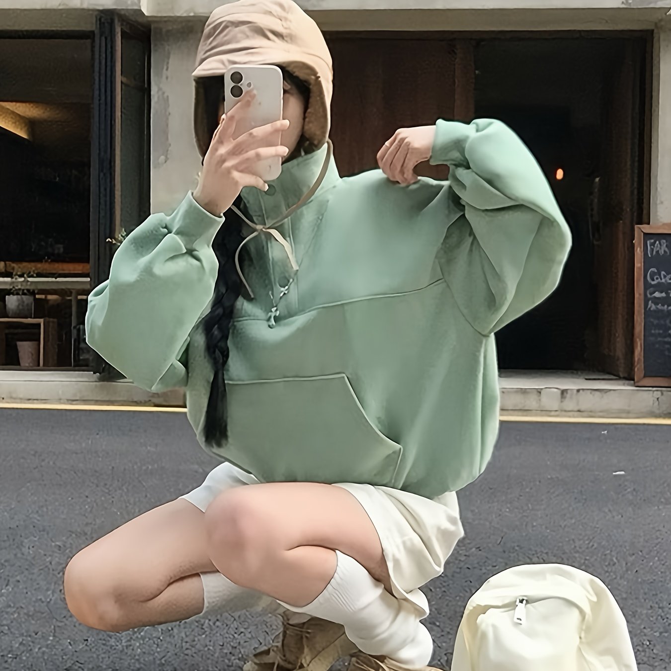 Solid Color Women's Elegant Stand Collar Fleece-Lined Sweatshirt - Long Sleeve Pullover with Pockets