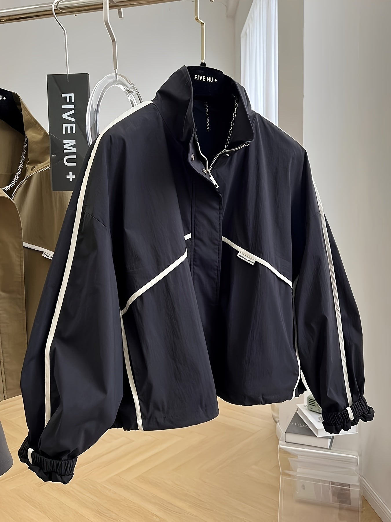 Women'S Navy Blue Bomber Jacket with White Accents - Stand Collar, Casual Style, Thin Windbreaker for Spring & Fall