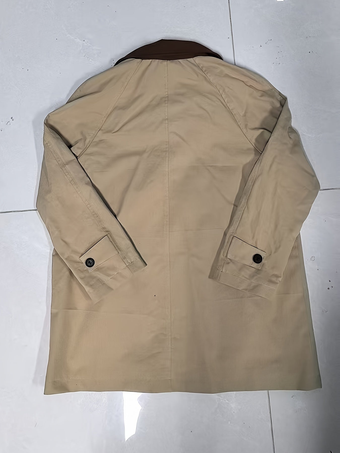 Women'S Chic Color Block Trench Coat - Loose Fit, Long Sleeve, Button-Up with Contrast Brown Collar & Cuffs