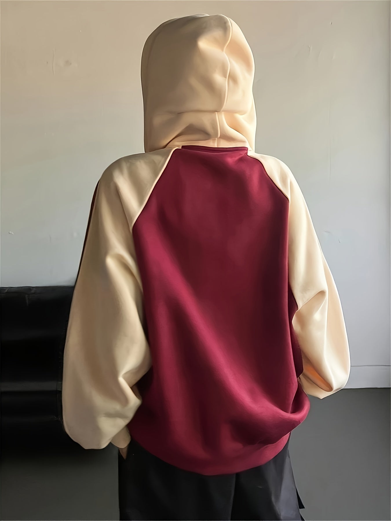 Plus Size, Women's Burgundy & Color-Block Hooded Oversized Sweatshirt Jacket - White Piping Trim