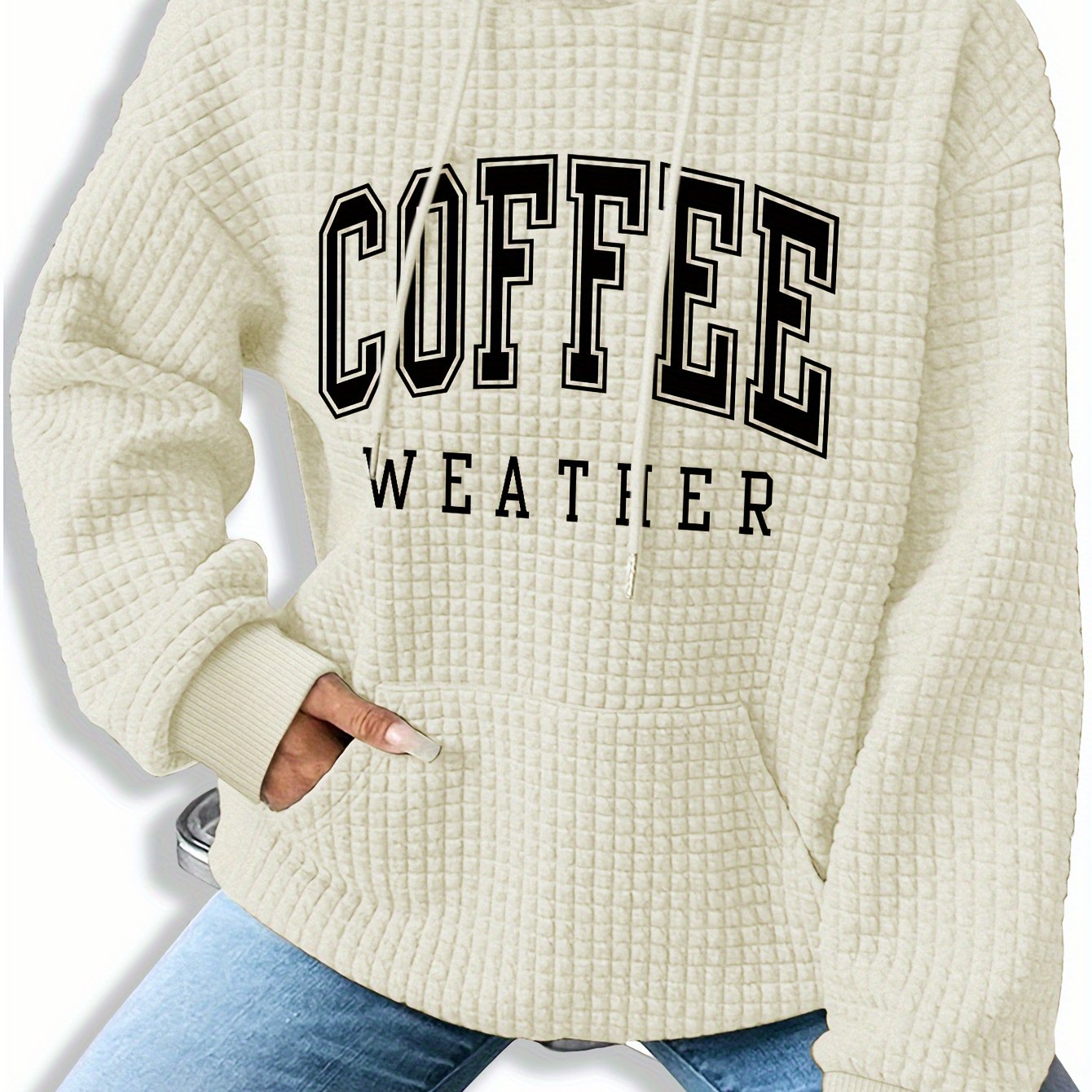 Women's Coffee Weather Letter Print Waffle Hoodie - 95% Polyester 5% Spandex, Kangaroo Pocket, Ribbed Cuffs