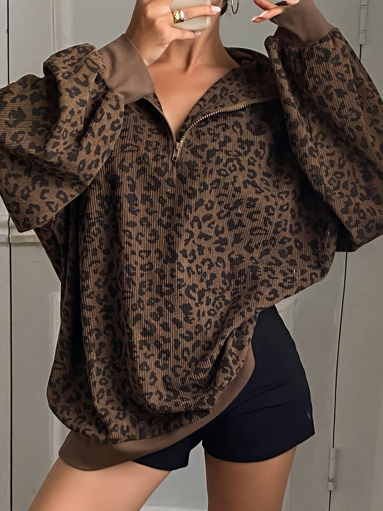 Leopard Print Hoodie Leopard Print Women's Casual Zip-Up Hoodie - Long Sleeve, Loose Fit