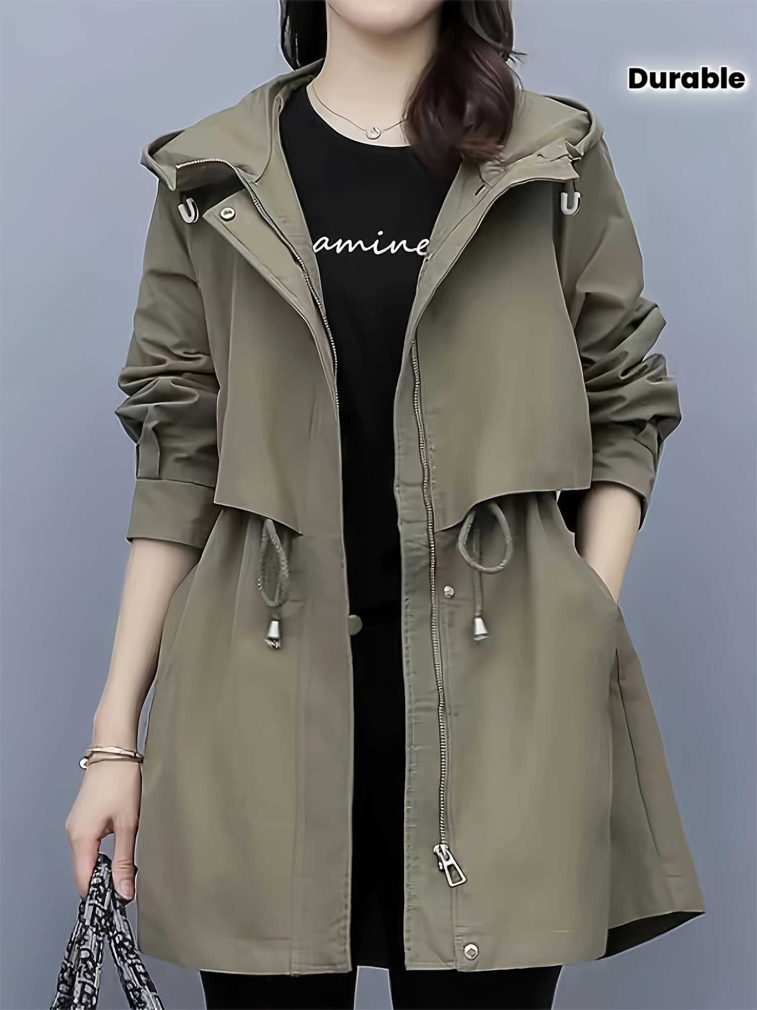 Women's Elegant Olive Green Hooded Windbreaker Jacket - Loose Fit Zip-Up Coat with Adjustable Drawstring Waist