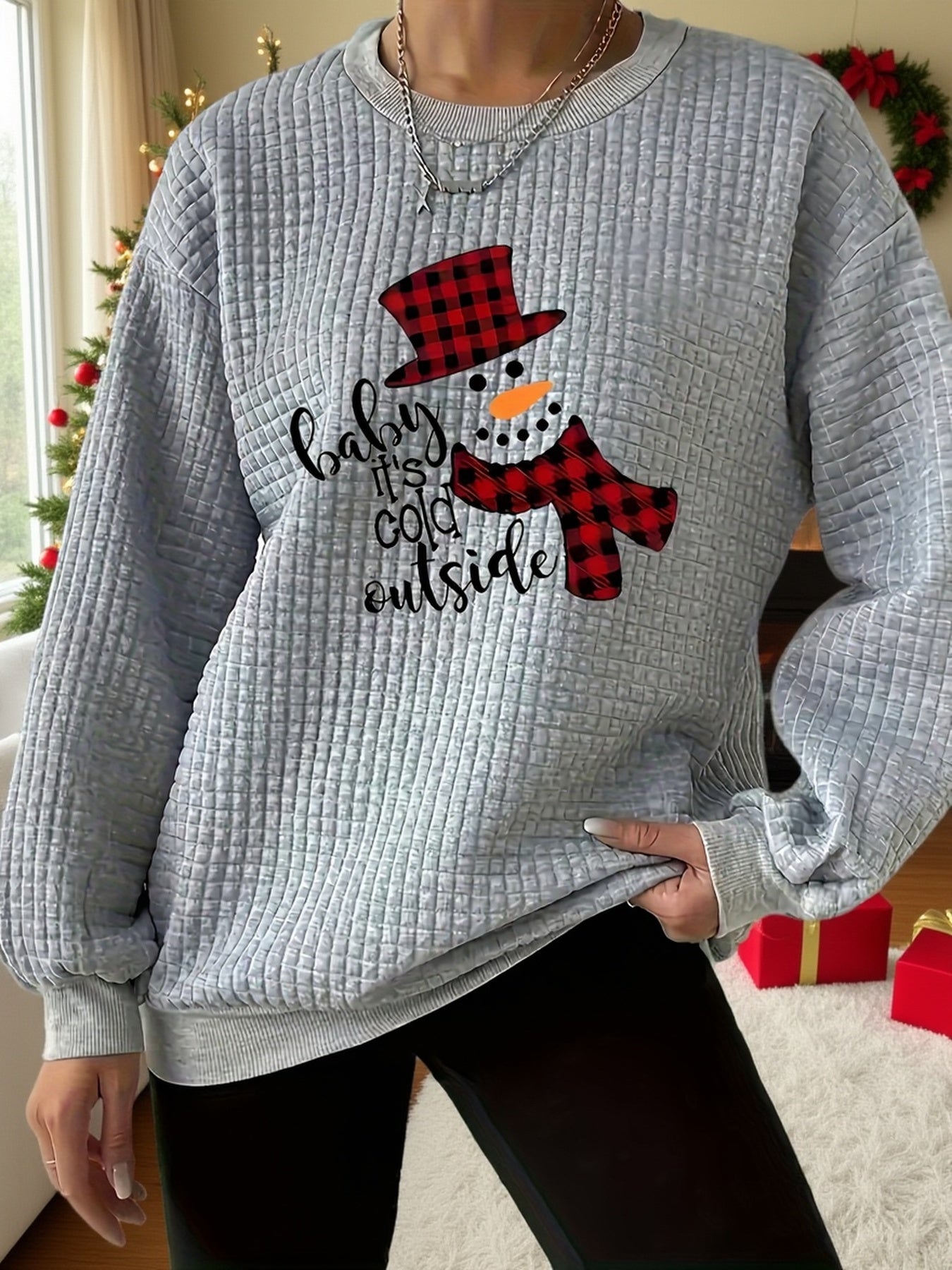Plus Size Waffle Sweatshirt Cozy Plus Size Women's Waffle Sweatshirt - Festive Santa Hat & \