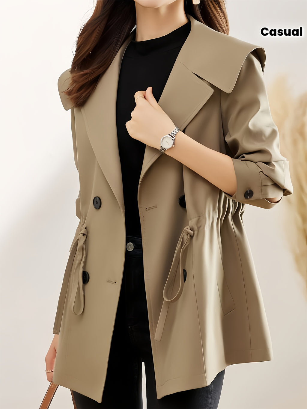 Women'S Chic Trench Coat with Belted Waist - Casual Double-Breasted Blazer for Spring & Fall, Button-Up Front