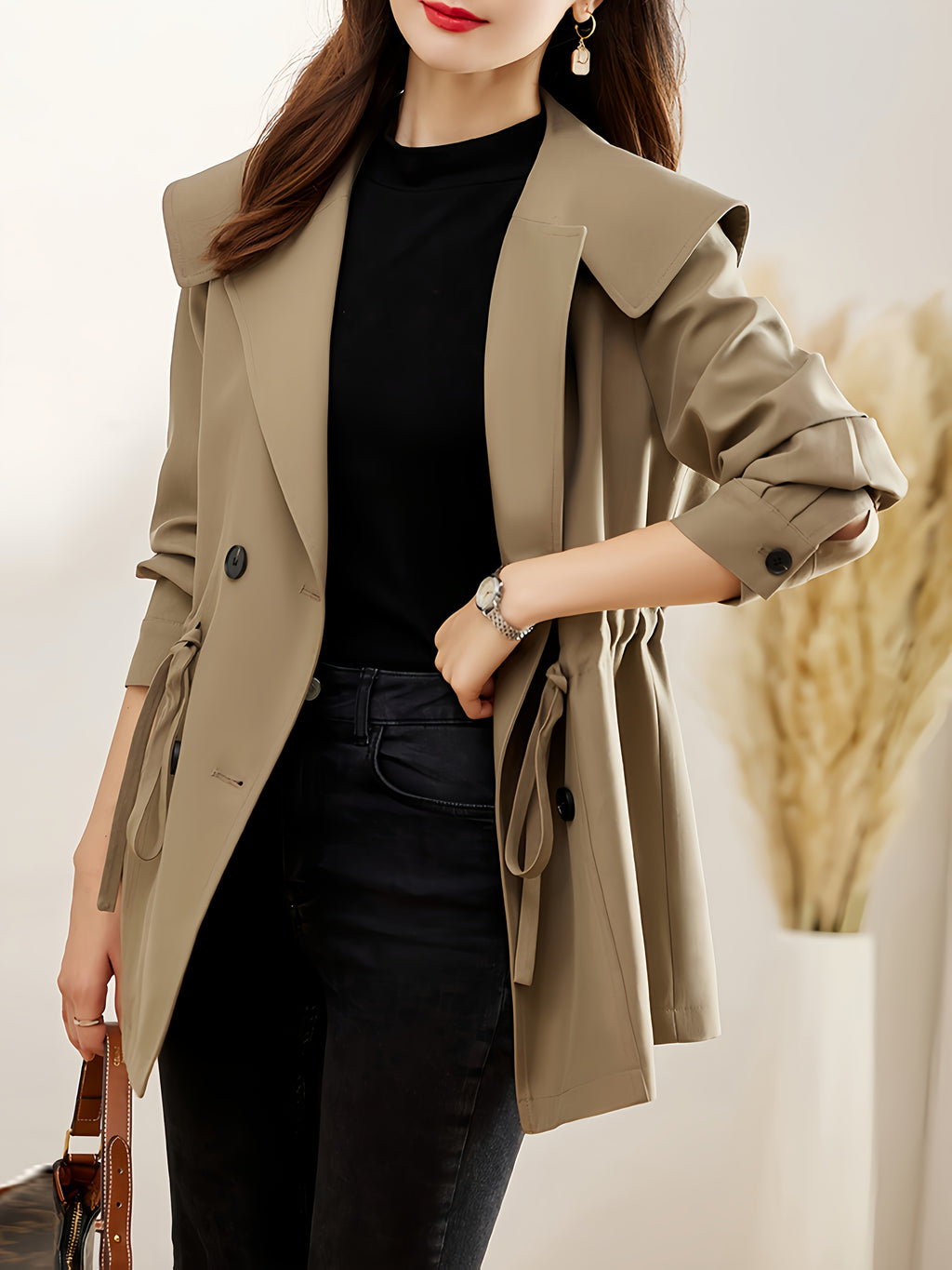 Women'S Chic Trench Coat with Belted Waist - Casual Double-Breasted Blazer for Spring & Fall, Button-Up Front