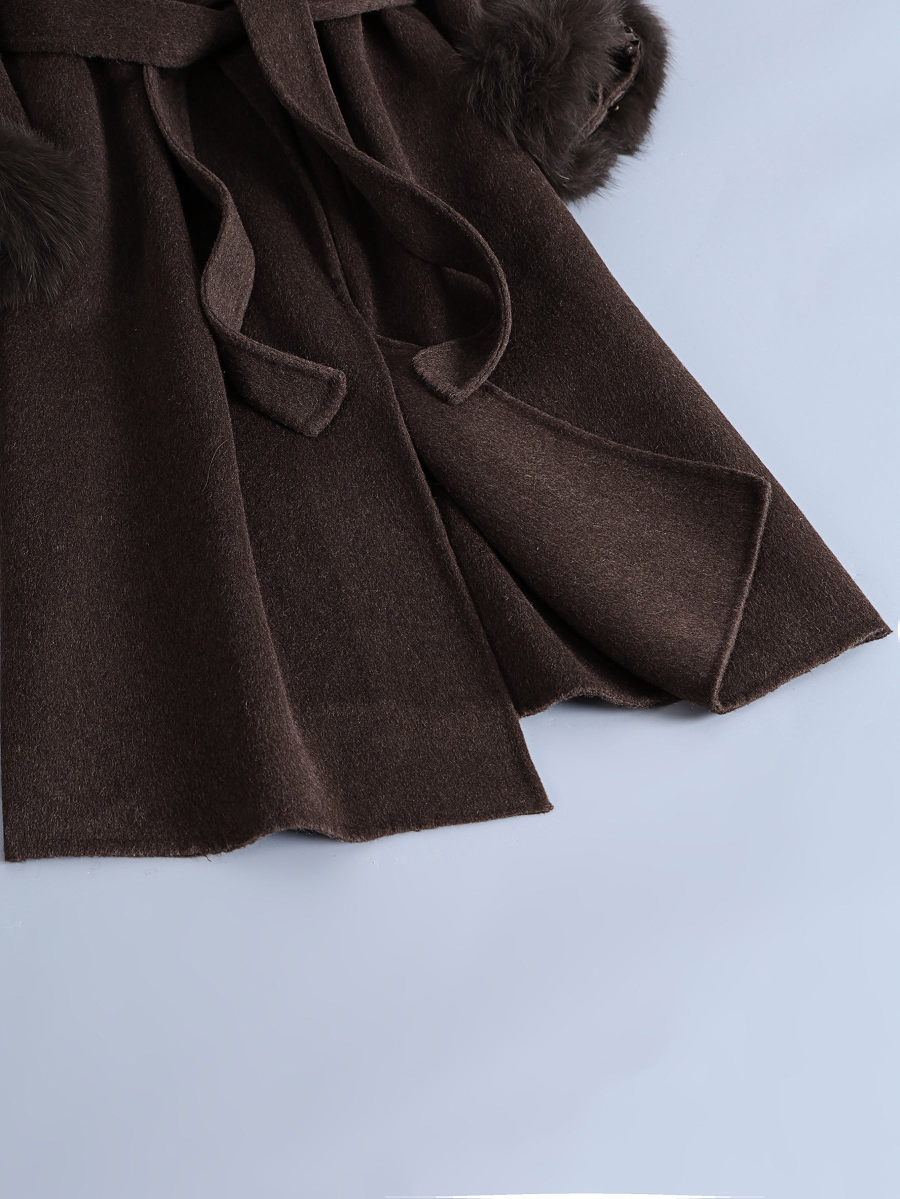 Luxurious Elegant Mocha Dark Brown Wool Blend Long Trench Coat with Large Lapel and Tie