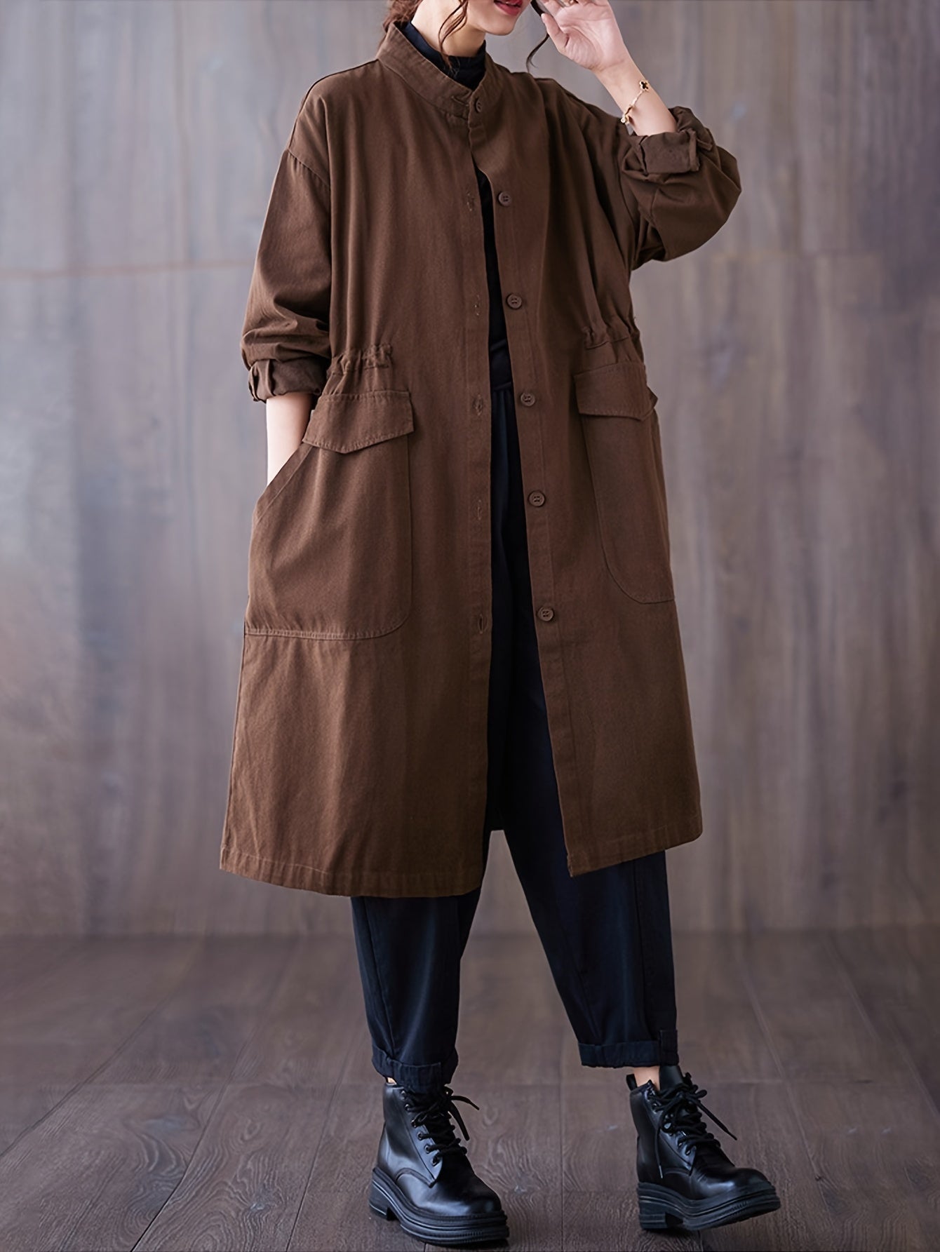 Autumn and Winter New Stand Collar Single-Breasted Cardigan Coat for Women, Mid-Length Long Sleeve Trench Coat