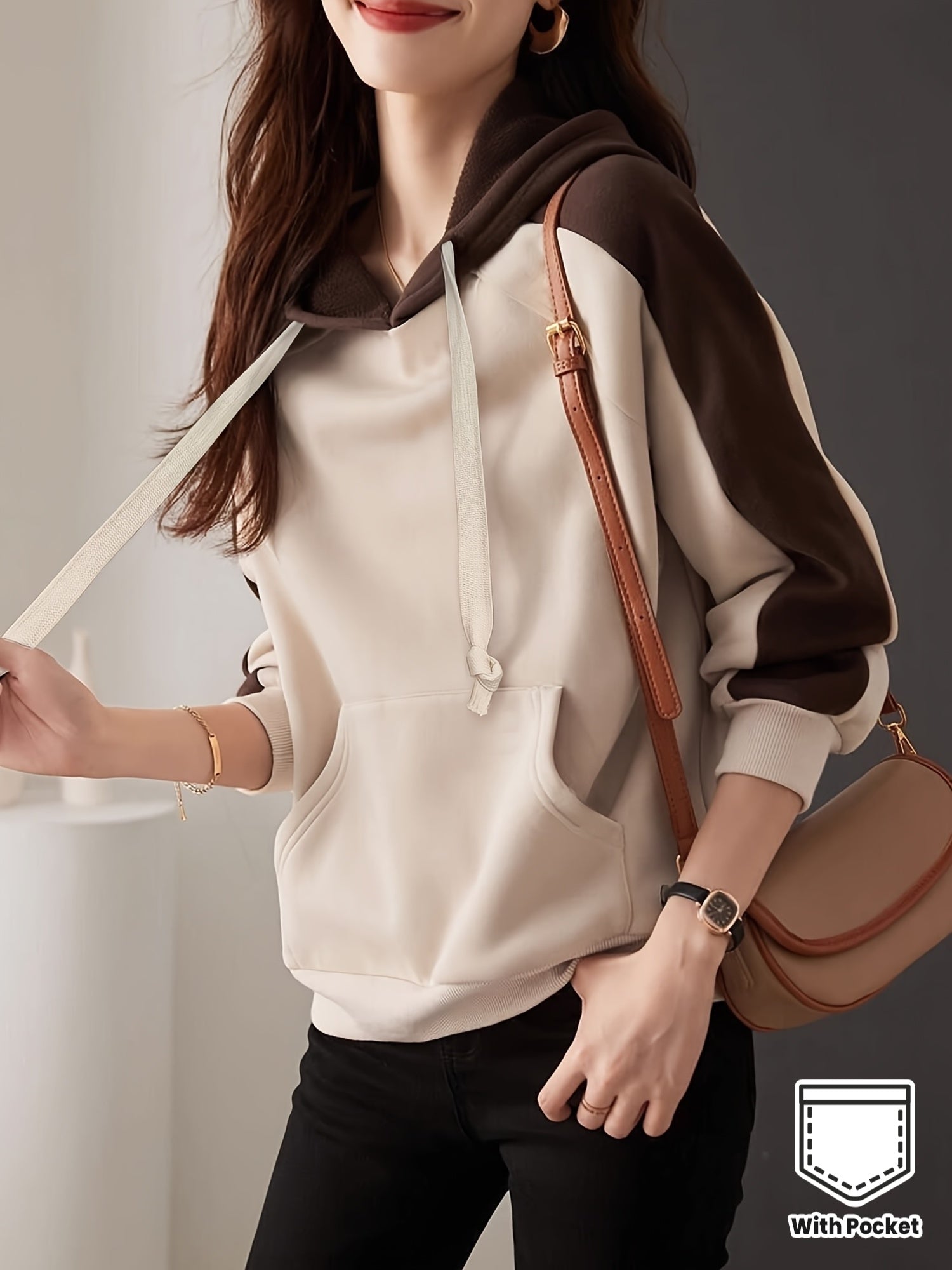 Autumn and Winter Women's Color-Block Raglan Sleeve Casual swear, Fashionable New Thick Drawstring Hoodie with Loose Fit
