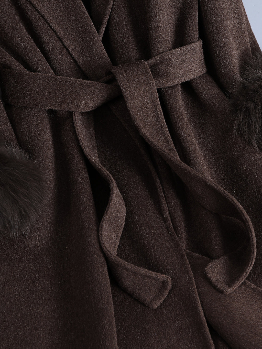 Luxurious Elegant Mocha Dark Brown Wool Blend Long Trench Coat with Large Lapel and Tie