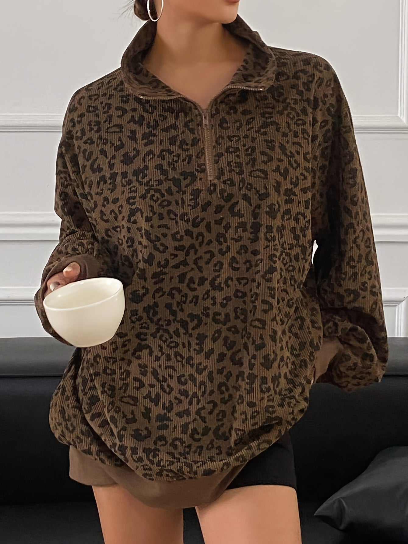 Leopard Print Hoodie Leopard Print Women's Casual Zip-Up Hoodie - Long Sleeve, Loose Fit