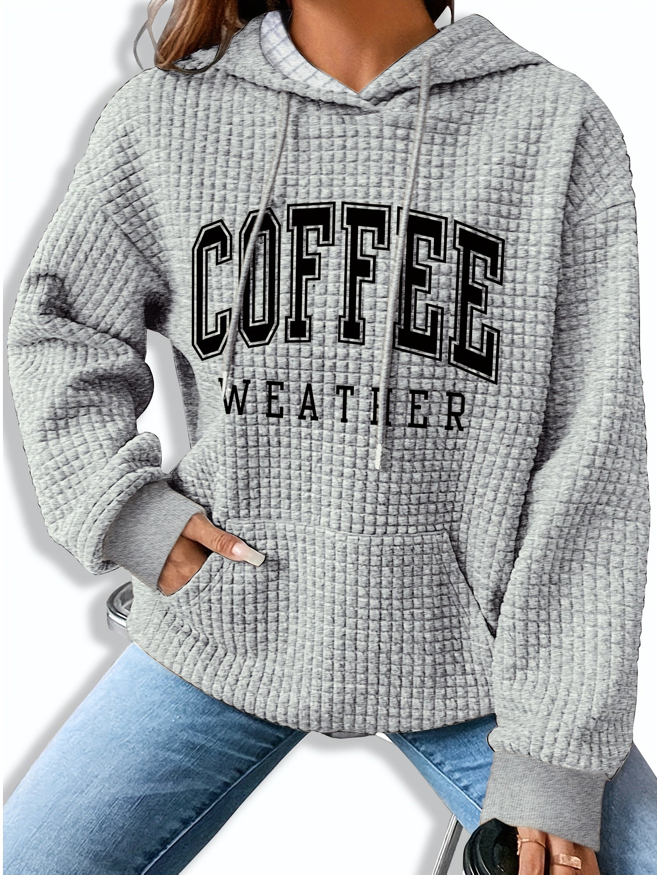 Women's Coffee Weather Letter Print Waffle Hoodie - 95% Polyester 5% Spandex, Kangaroo Pocket, Ribbed Cuffs