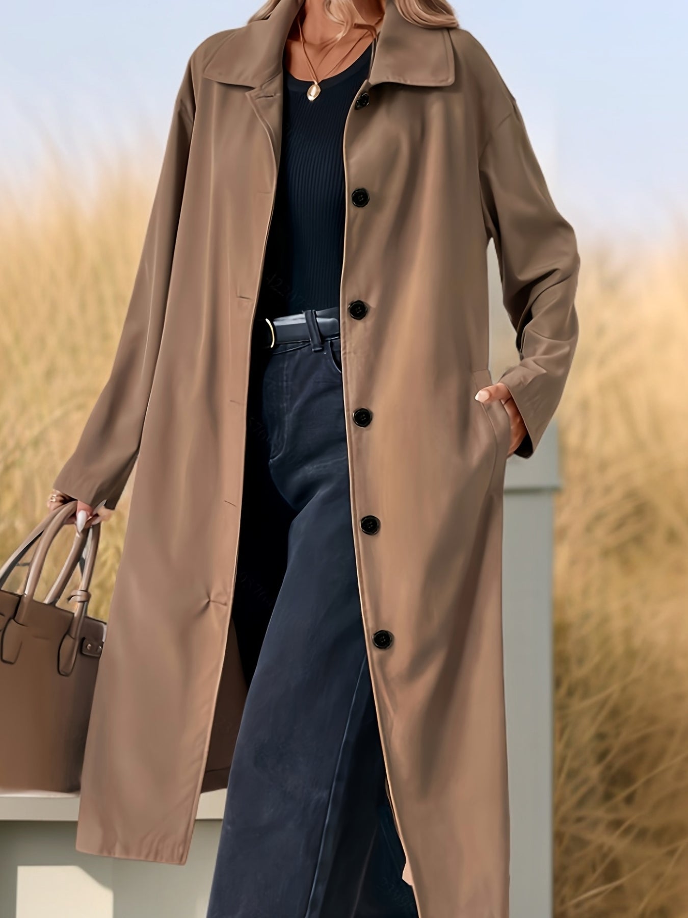Women's Plus Size Trench Coat, Loose Collar Single-Breasted Long Sleeve Midi, Brown