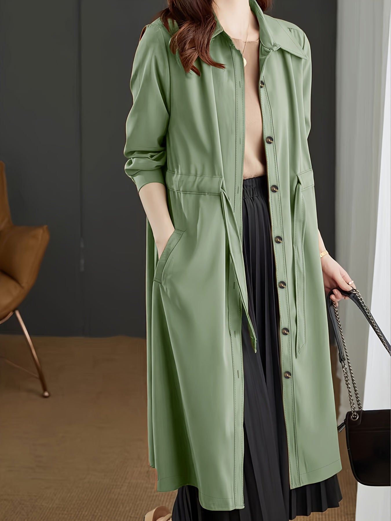 Plus Size - Plus Size - Women'S Lightweight Long Sleeve Trench Coat - Olive Green, Button-Up Front