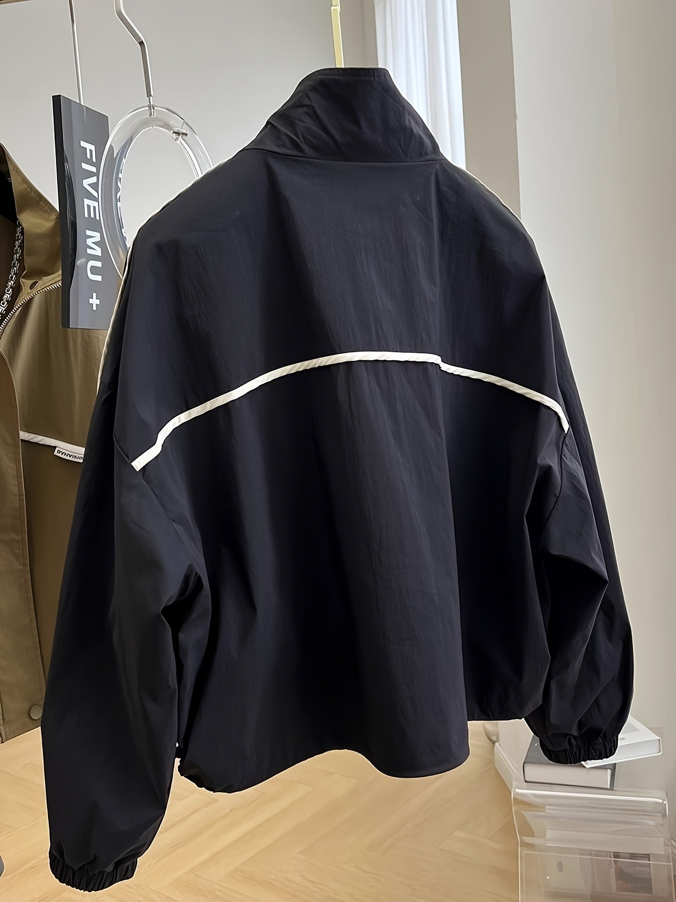 Women'S Navy Blue Bomber Jacket with White Accents - Stand Collar, Casual Style, Thin Windbreaker for Spring & Fall