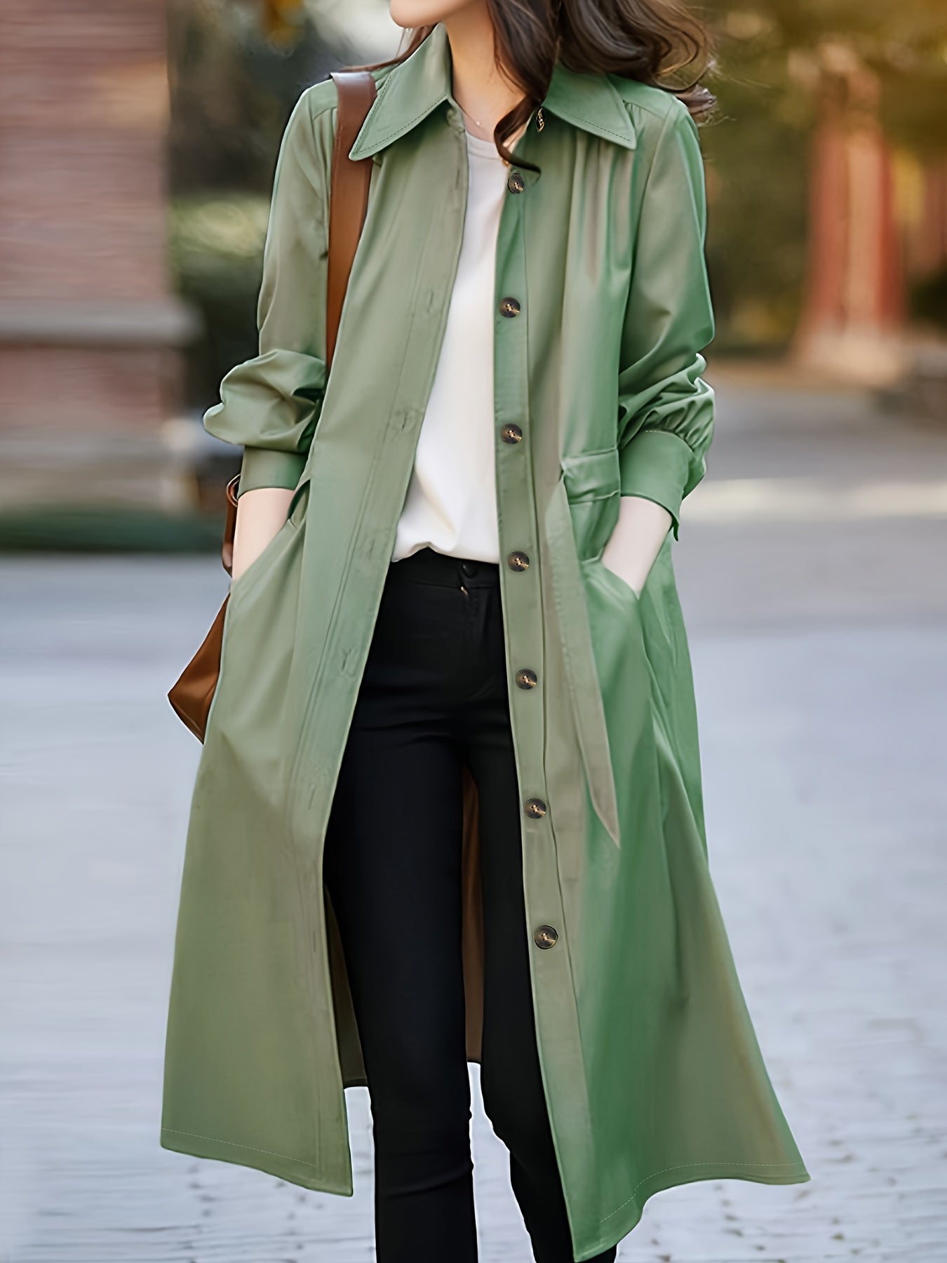 Plus Size - Plus Size - Women'S Lightweight Long Sleeve Trench Coat - Olive Green, Button-Up Front