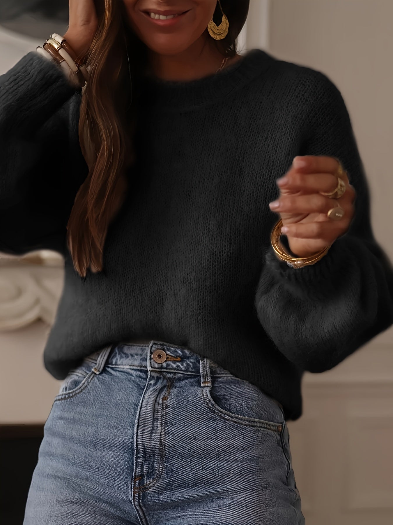 Elegant Oversized Sweater Soft Elegant Women's Beige Oversized Round Neck Sweater