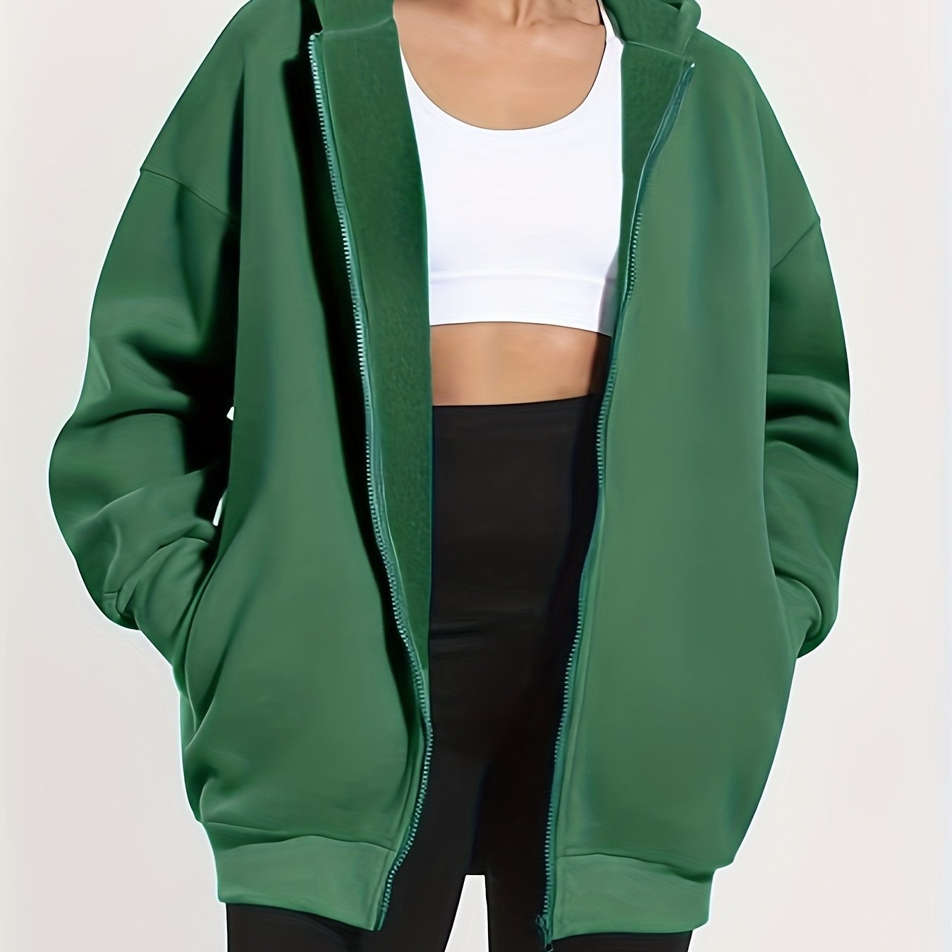 Women'S Plus Size Elegant Solid Color Hooded Sweatshirt - Cozy Zip-Up Pullover with Drawstring Hood