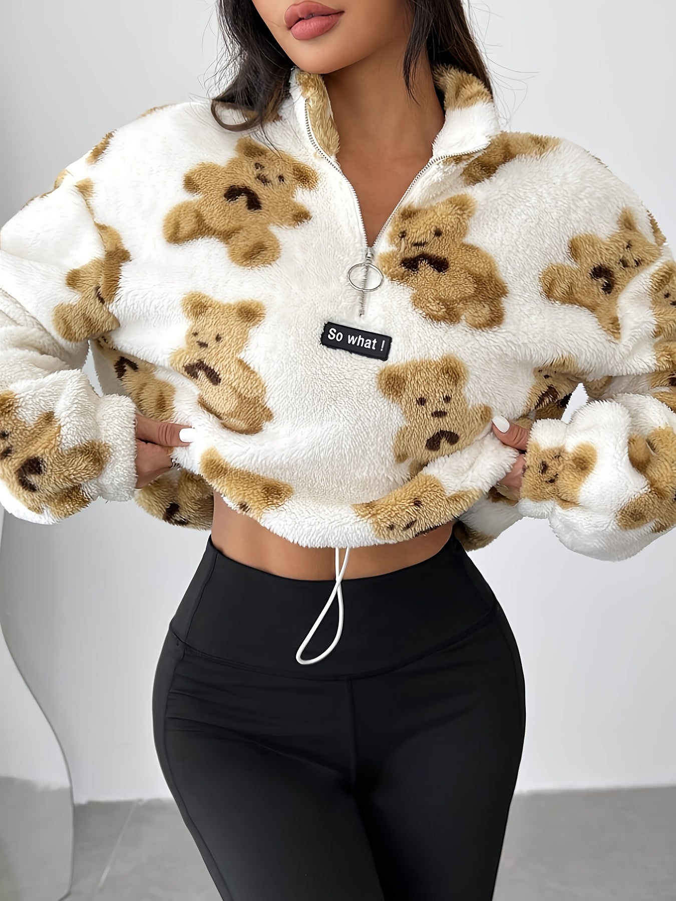 YY0813065+ Women'S New Cartoon Bear Pattern Plush Half-Zip Sweatshirt
