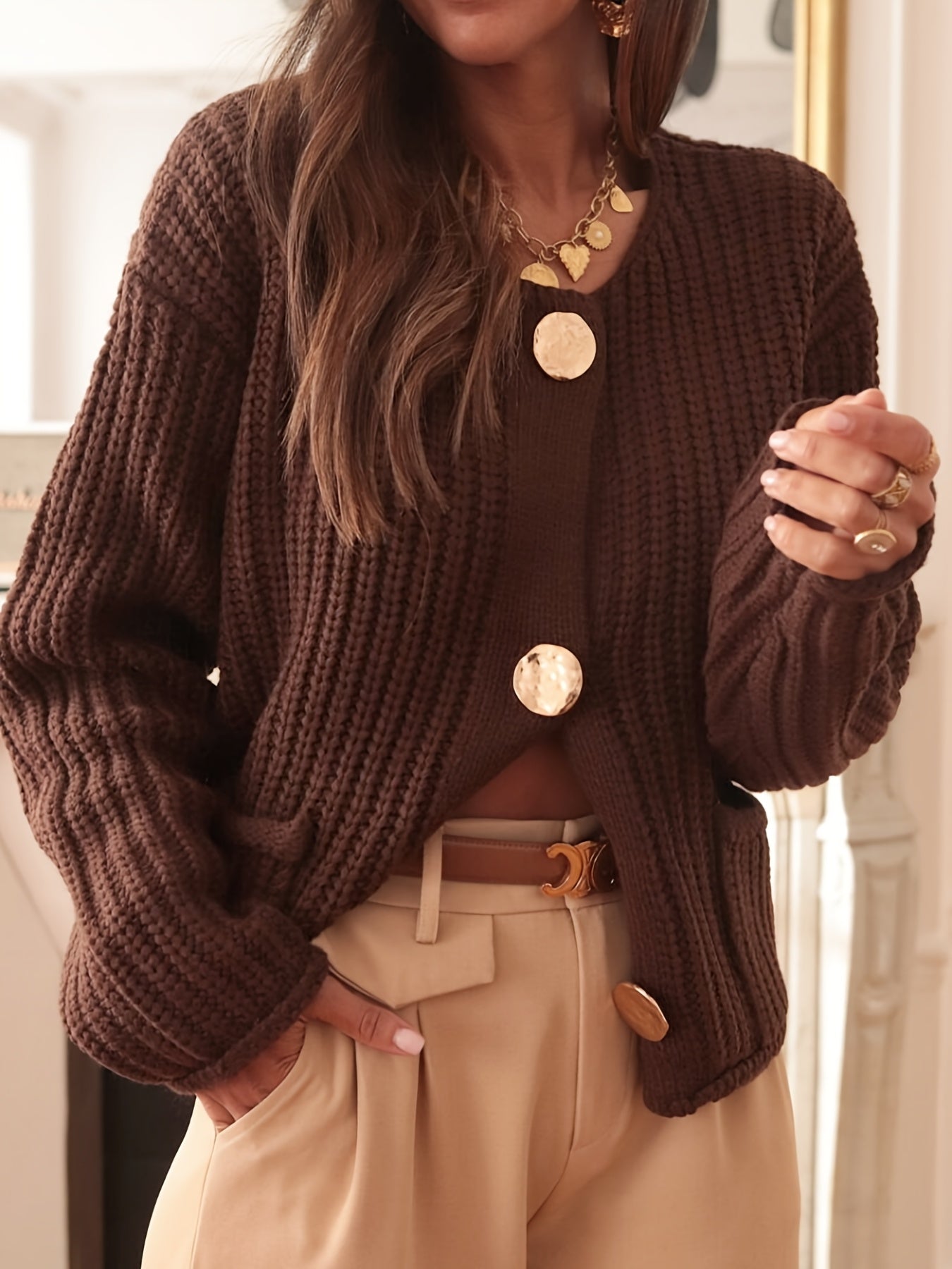 Loose Cardigan, Elegant Brown Crew Neck with Golden Buttons, Fashionable and Versatile