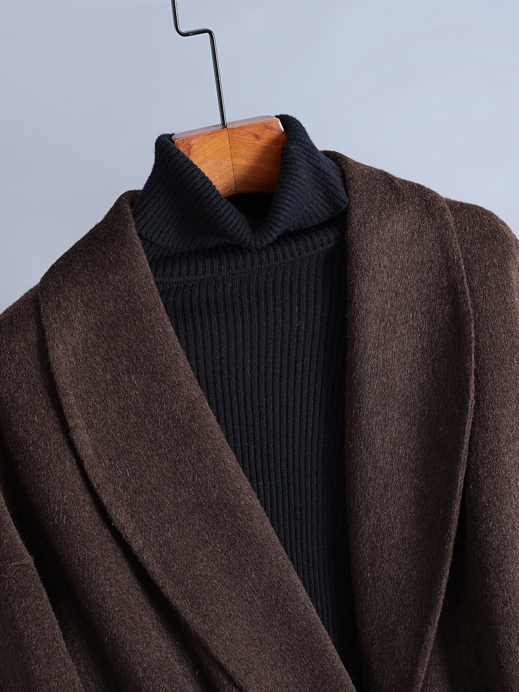 Luxurious Elegant Mocha Dark Brown Wool Blend Long Trench Coat with Large Lapel and Tie