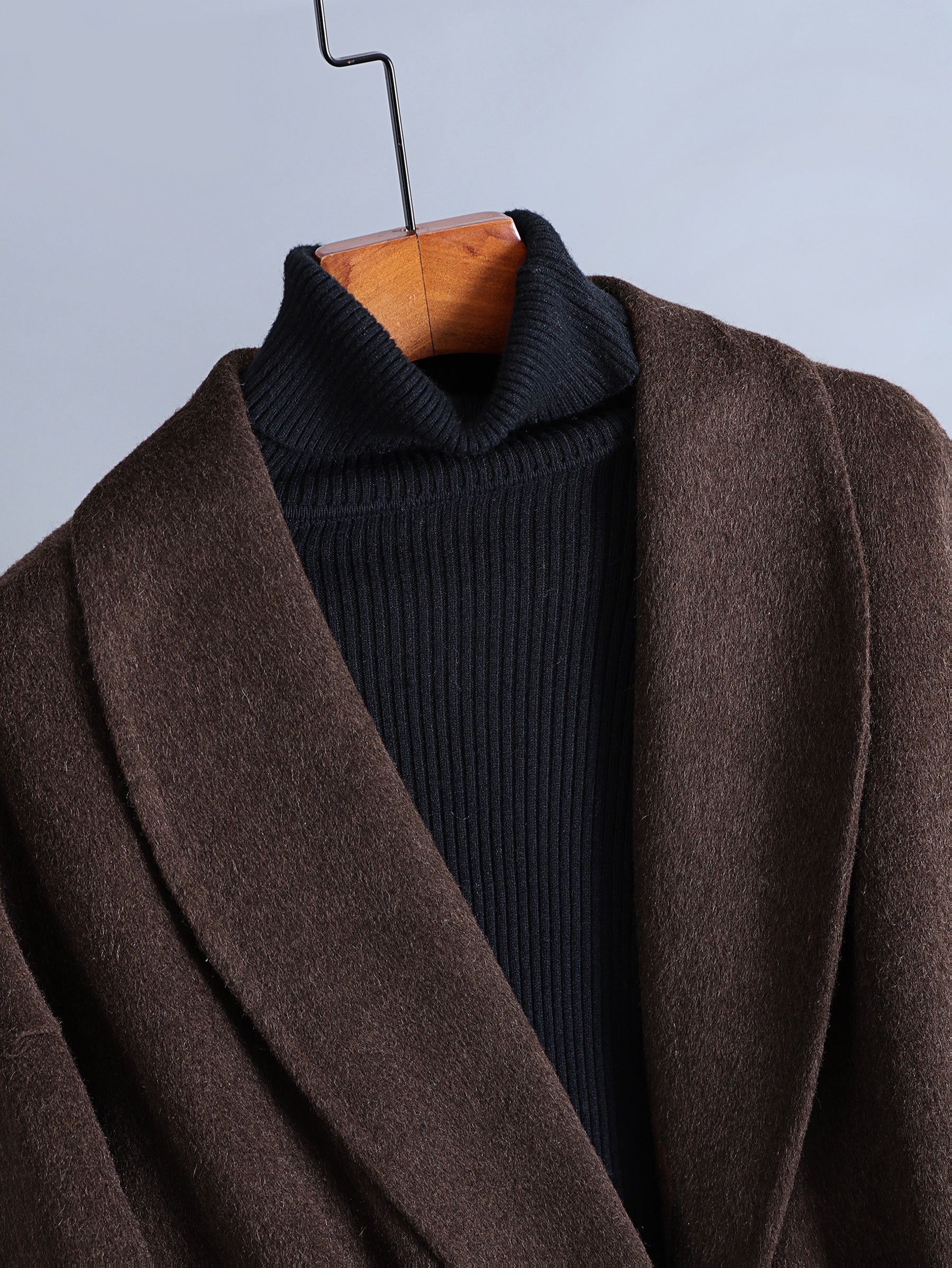 Luxurious Elegant Mocha Dark Brown Wool Blend Long Trench Coat with Large Lapel and Tie