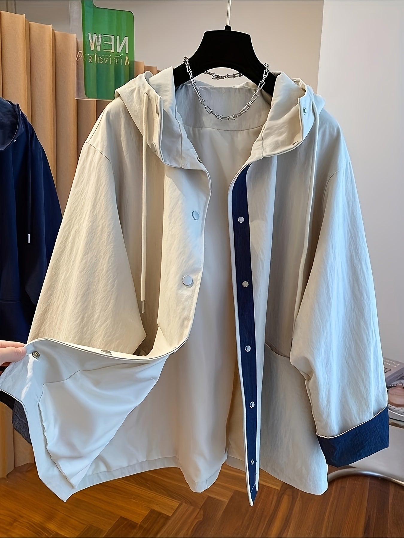 Women'S Hooded Windbreaker Jacket - Two-Tone Beige & Navy, Mid-Length Raincoat with Front Button Closure