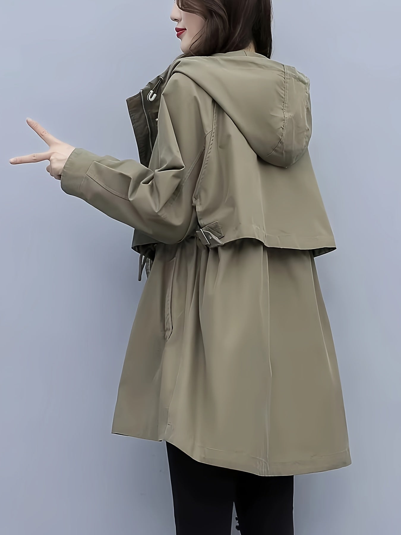 Women's Elegant Olive Green Hooded Windbreaker Jacket - Loose Fit Zip-Up Coat with Adjustable Drawstring Waist