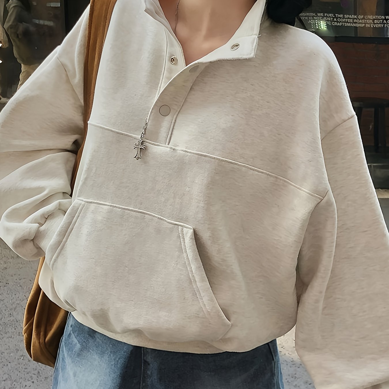 Solid Color Women's Elegant Stand Collar Fleece-Lined Sweatshirt - Long Sleeve Pullover with Pockets
