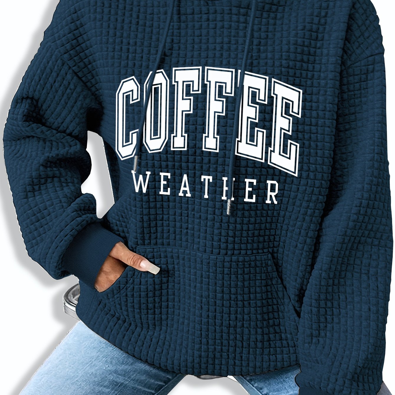 Women's Coffee Weather Letter Print Waffle Hoodie - 95% Polyester 5% Spandex, Kangaroo Pocket, Ribbed Cuffs