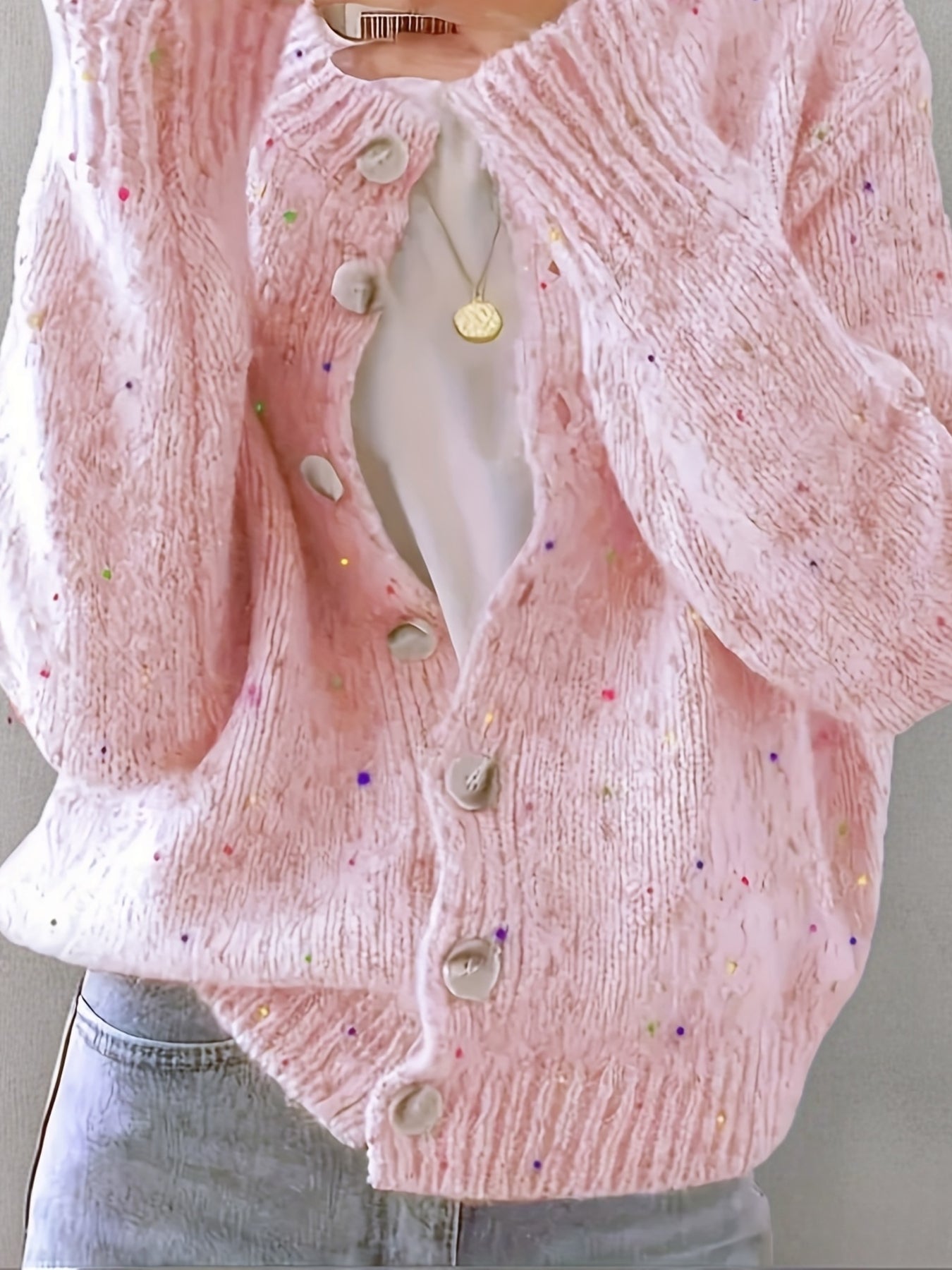 Plus Size - Women'S Elegant Colorful Cardigan - High Elasticity Round Neck Sweater with Decorative Buttons