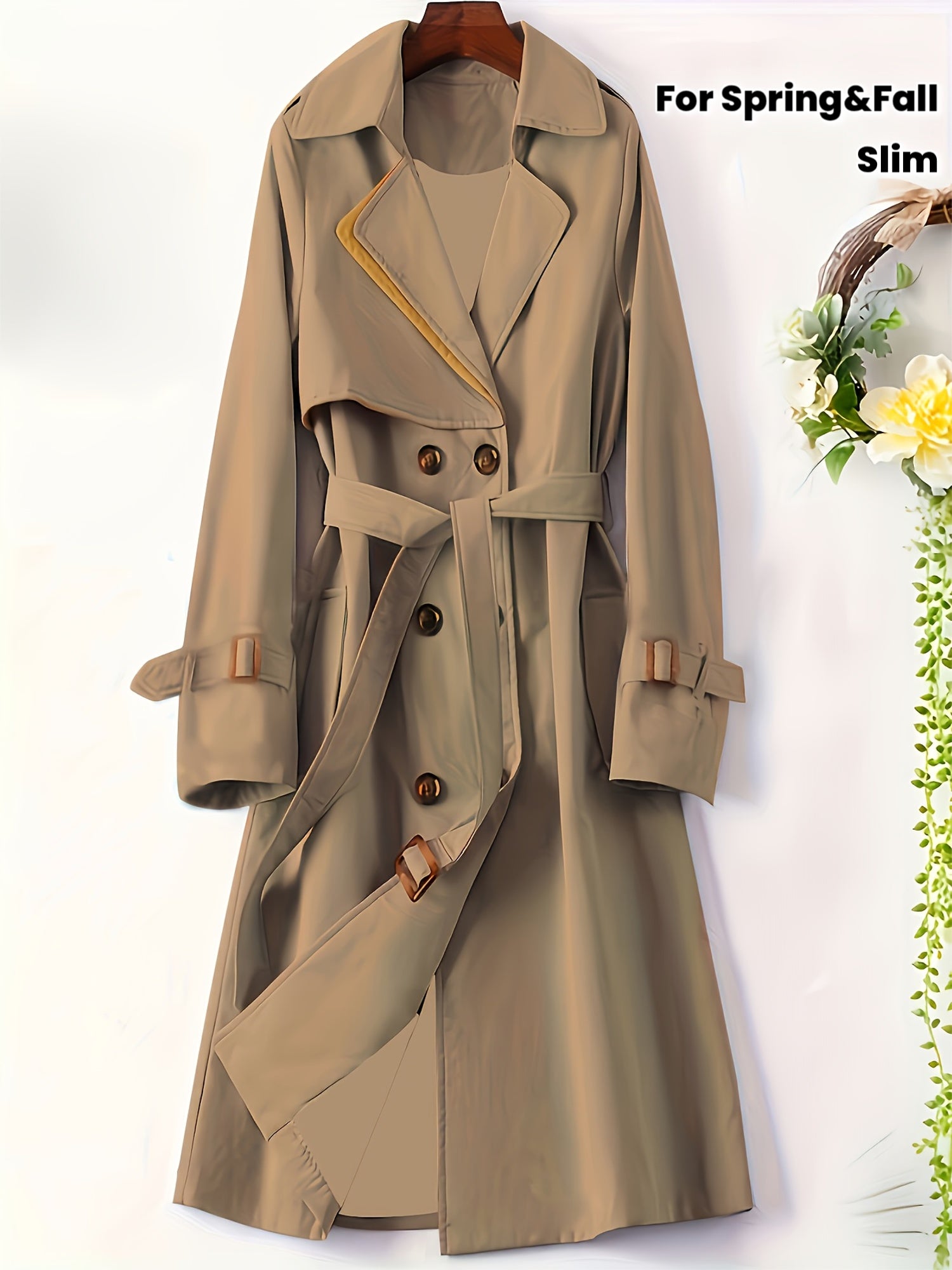 Women'S Chic British-Inspired Long Trench Coat - Slim Fit, Button-Up, Solid Color, Versatile for Spring & Fall