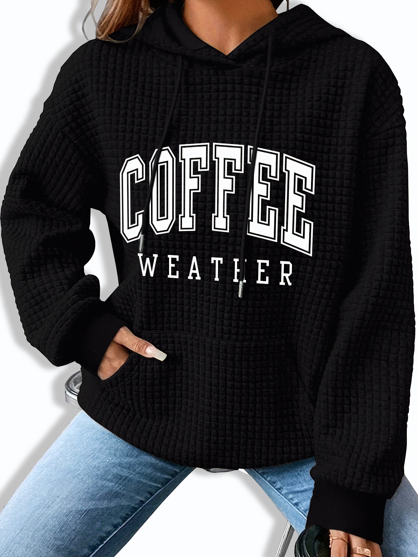 Women's Coffee Weather Letter Print Waffle Hoodie - 95% Polyester 5% Spandex, Kangaroo Pocket, Ribbed Cuffs